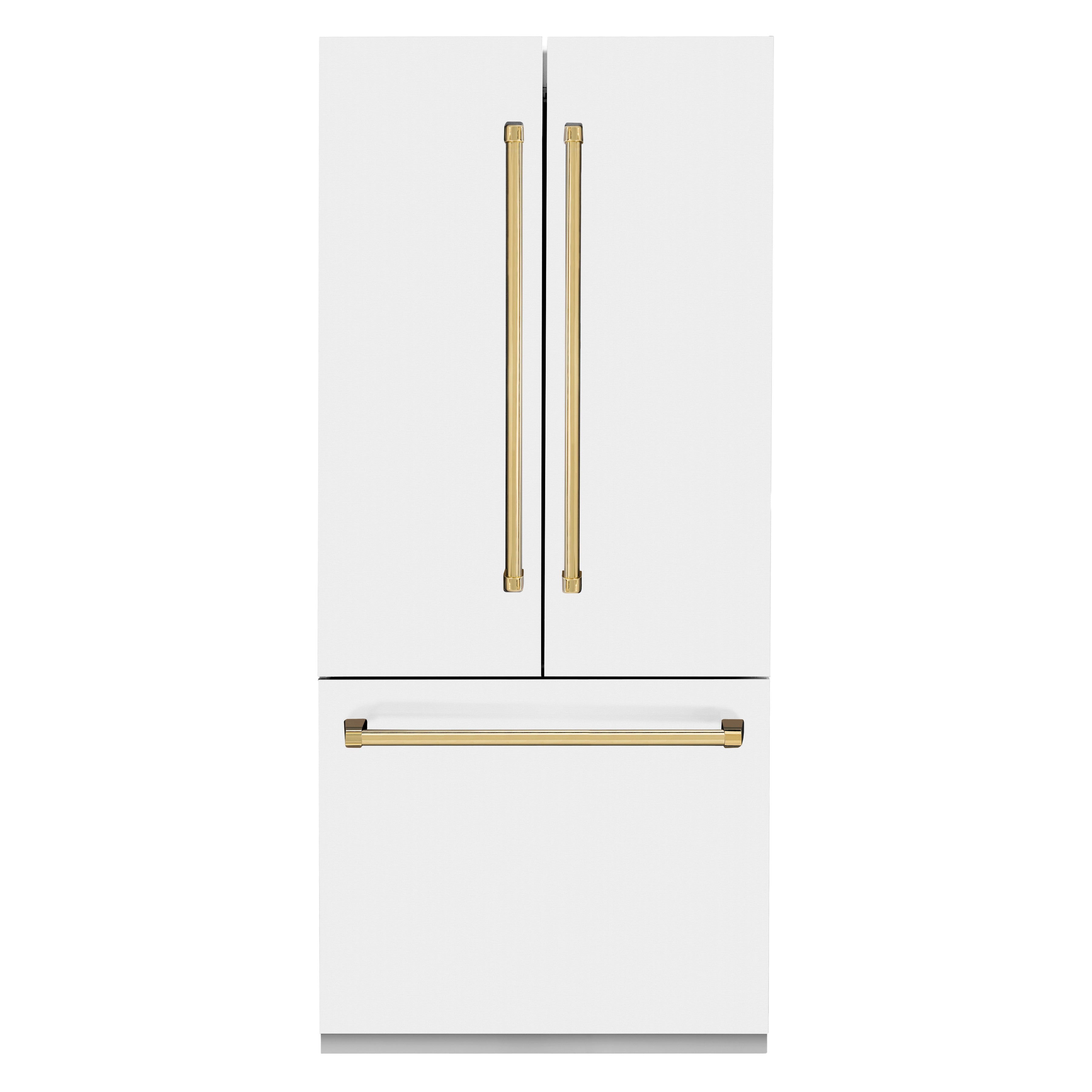 ZLINE Autograph Edition 36 in. 19.6 cu. ft. French Door Built-In Bottom Freezer Refrigerator with Water Dispenser and Ice Maker in White Matte with Polished Gold Accents (RBIVZ-WM-36-G)