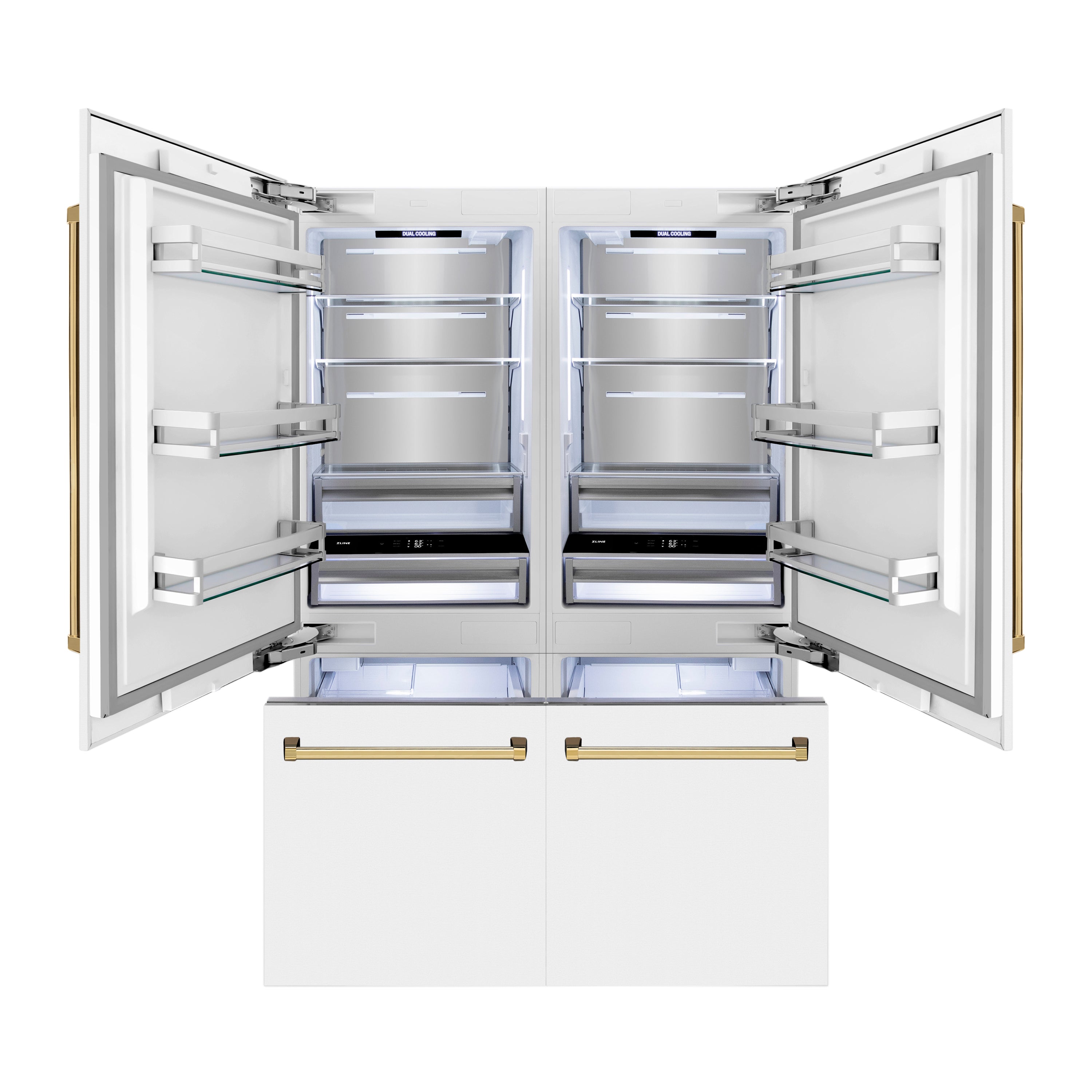 ZLINE Autograph Edition 60 in. 32.2 cu. ft. French Door Built-In Bottom Freezer Refrigerator with Water Dispenser and Ice Maker in White Matte with Polished Gold Accents (RBIVZ-WM-60-G)