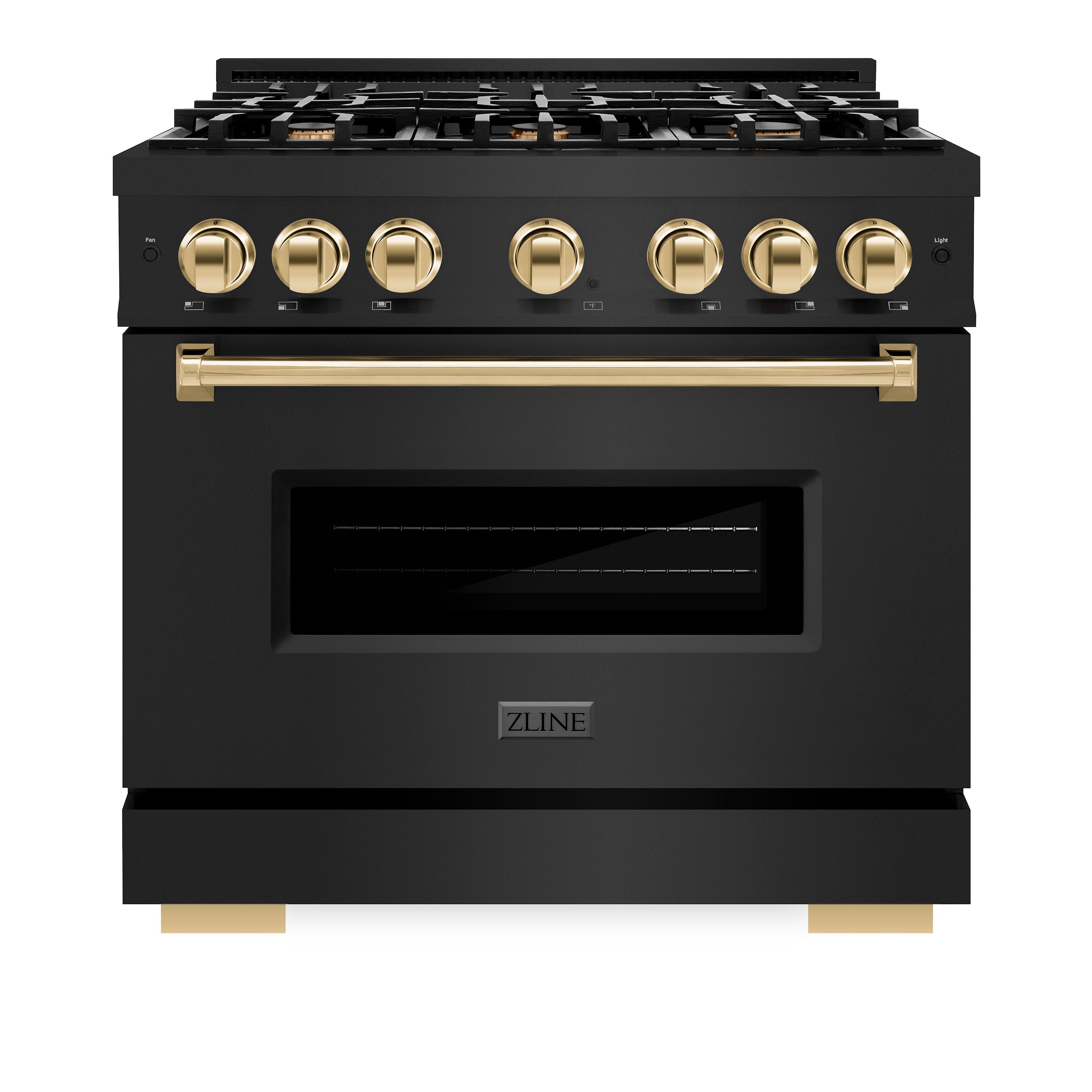ZLINE Autograph Edition 36 in. 5.2 cu. ft. Classic Gas Range with 6 Burner Cooktop and Convection Gas Oven in Black Stainless Steel and Polished Gold Accents (CGRBZ-36-G)