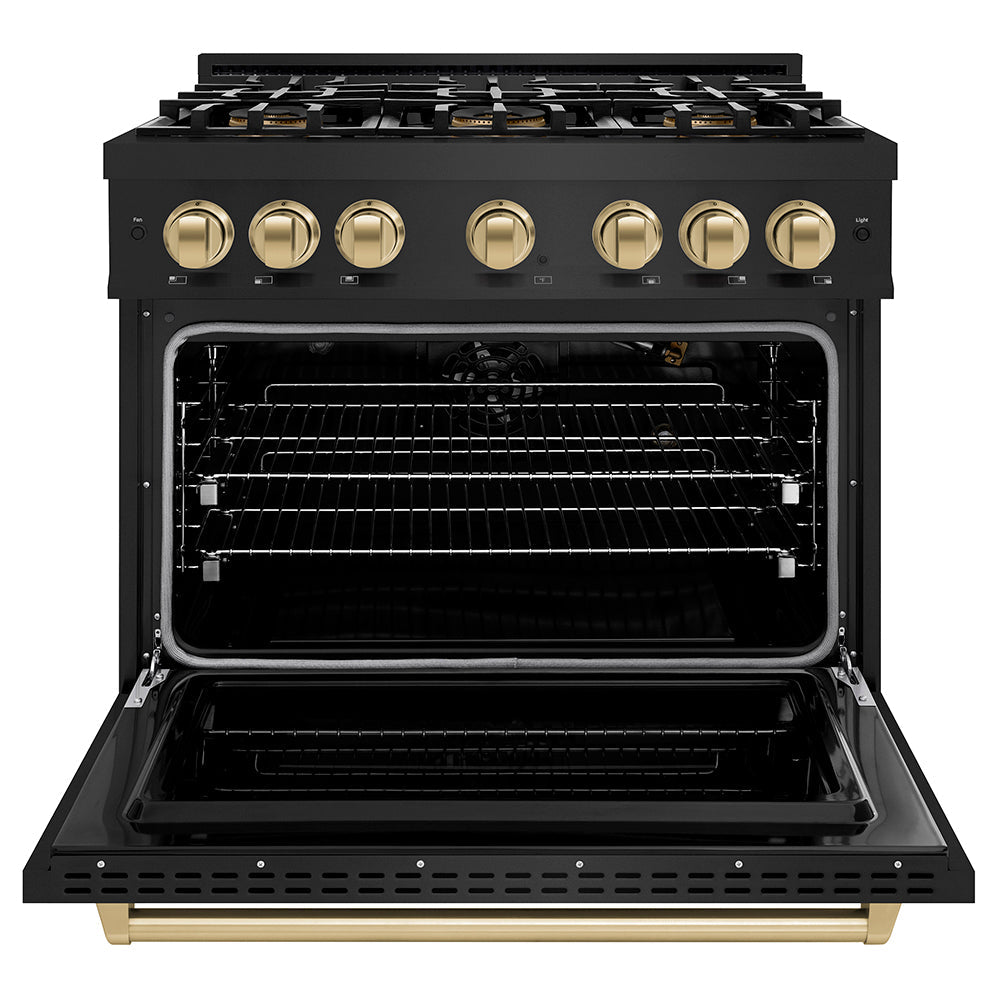 ZLINE Autograph Edition 36 in. 5.2 cu. ft. Classic Gas Range with 6 Burner DuoPro™ Cooktop and Convection Gas Oven in Satin Stainless Steel and Champagne Bronze Accents (PCGRSZ-36-CB)