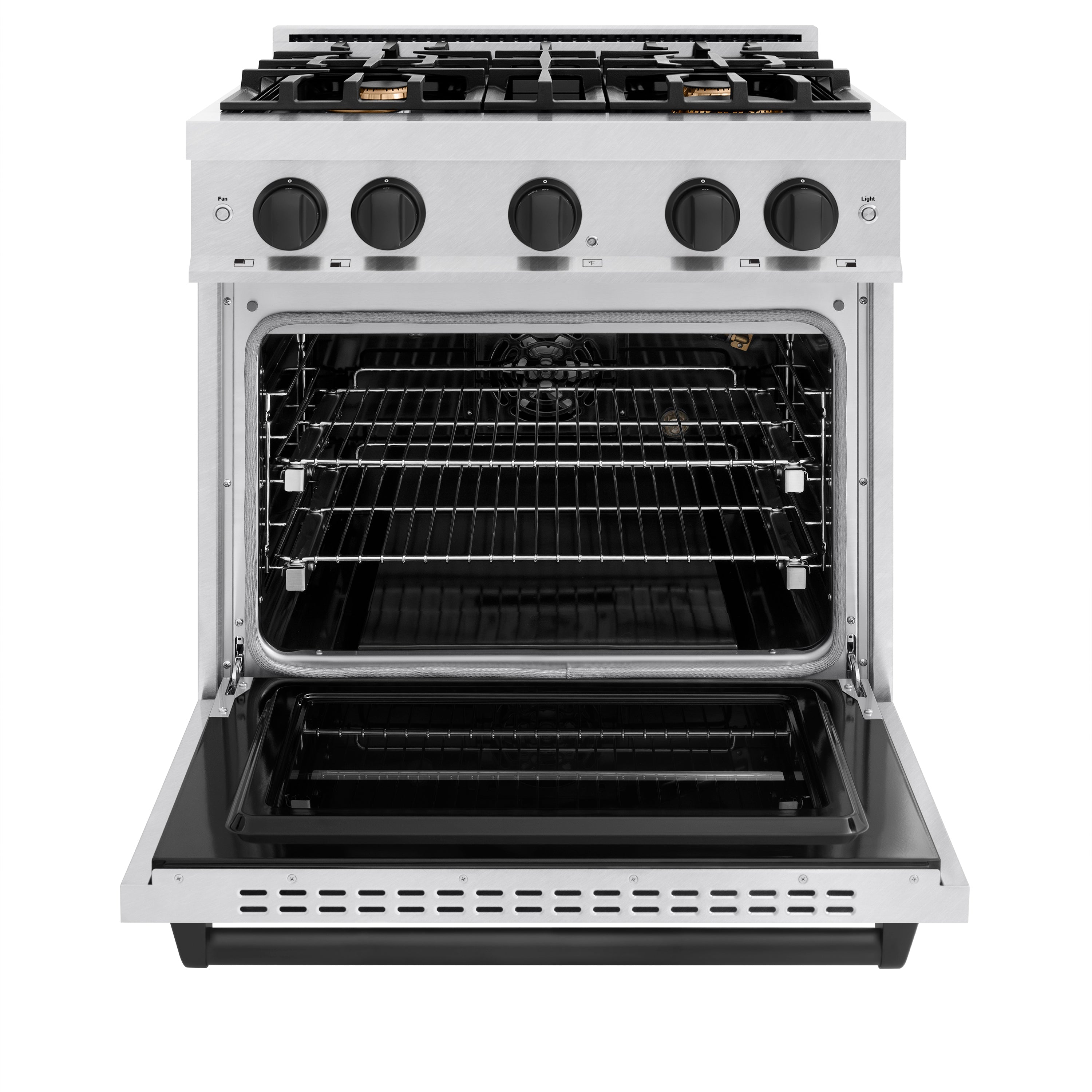 ZLINE Autograph Edition 30 in. 4.2 cu. ft. Classic Gas Range with 4 Burner Cooktop and Convection Gas Oven in Satin Stainless Steel and Matte Black Accents (CGRSZ-30-MB)