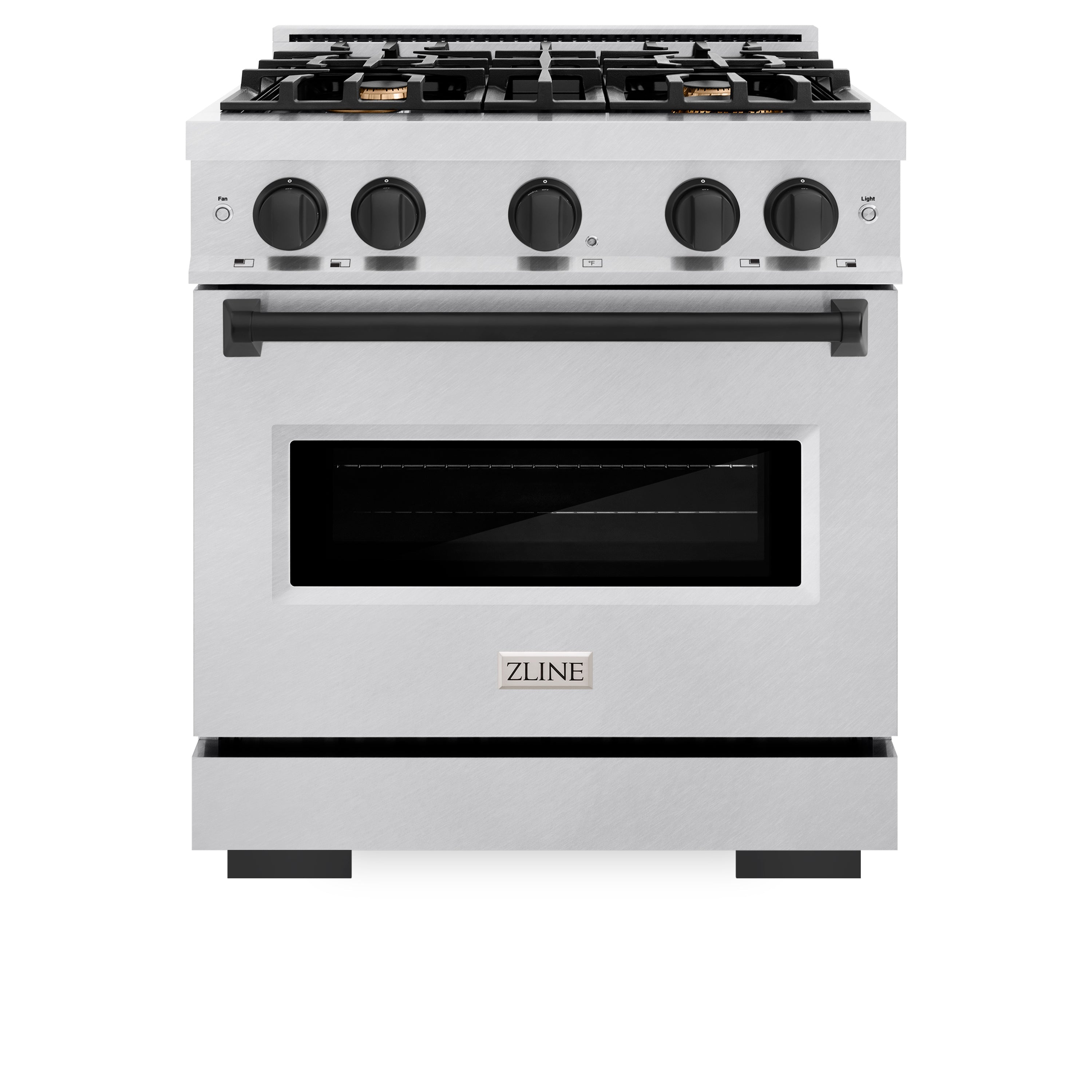ZLINE Autograph Edition 30 in. 4.2 cu. ft. Classic Gas Range with 4 Burner Cooktop and Convection Gas Oven in Satin Stainless Steel and Matte Black Accents (CGRSZ-30-MB)
