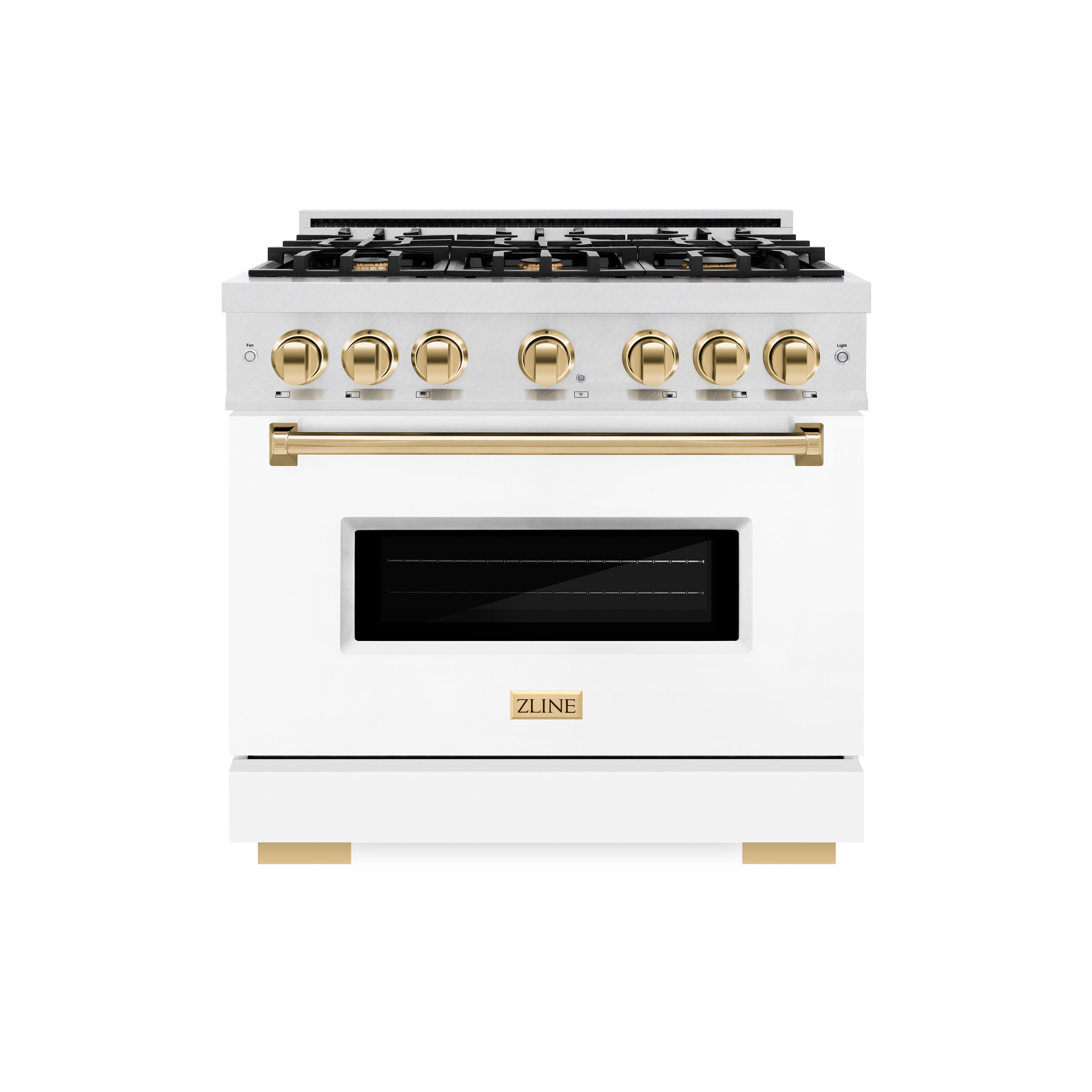 ZLINE Autograph Edition 36 in. 5.2 cu. ft. Classic Gas Range with 6 Burner Cooktop and Convection Gas Oven in Satin Stainless Steel with White Matte Door and Polished Gold Accents (CGRSZ-WM-36-G)