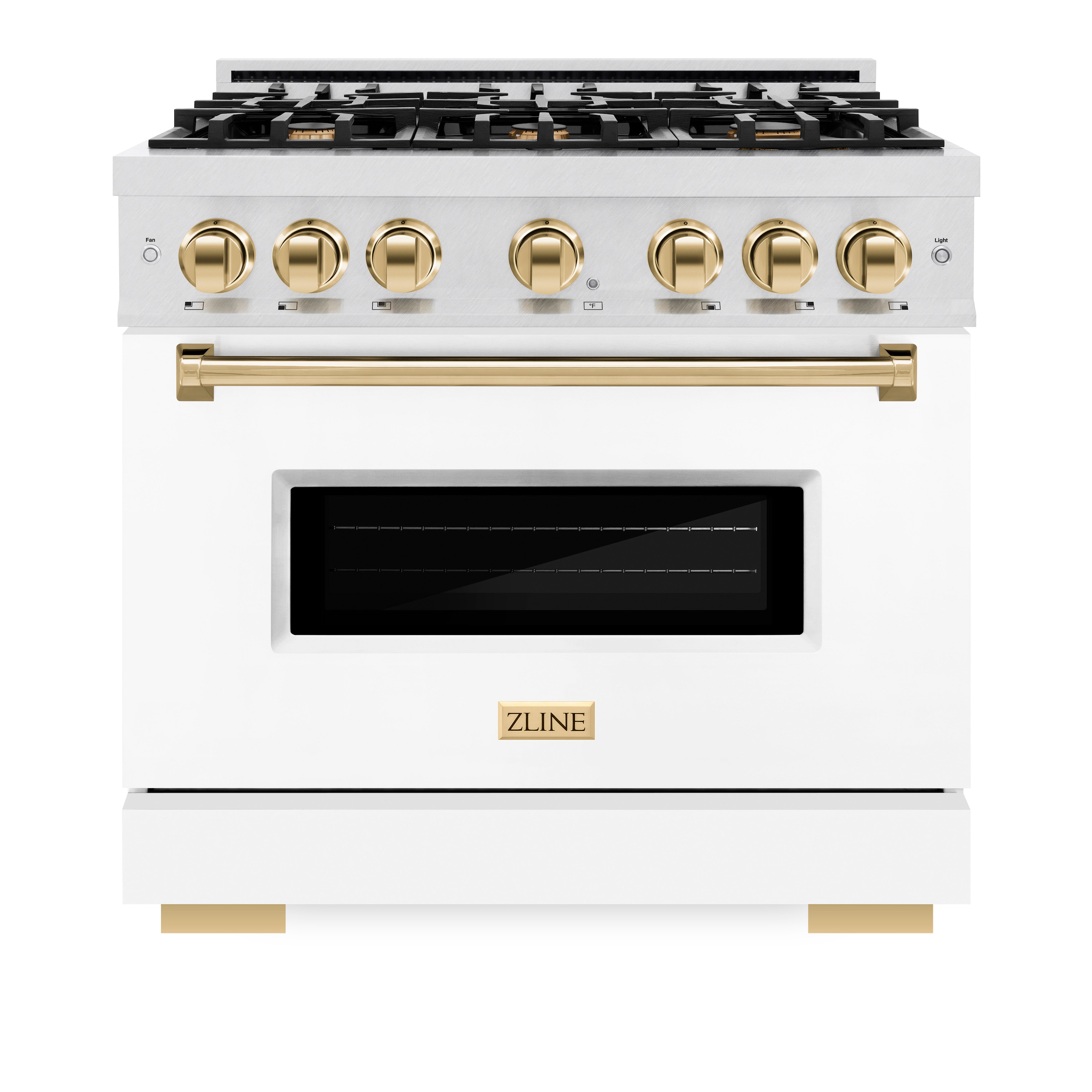 ZLINE Autograph Edition 36 in. 5.2 cu. ft. Classic Gas Range with 6 Burner Cooktop and Convection Gas Oven in Satin Stainless Steel with White Matte Door and Polished Gold Accents (CGRSZ-WM-36-G)