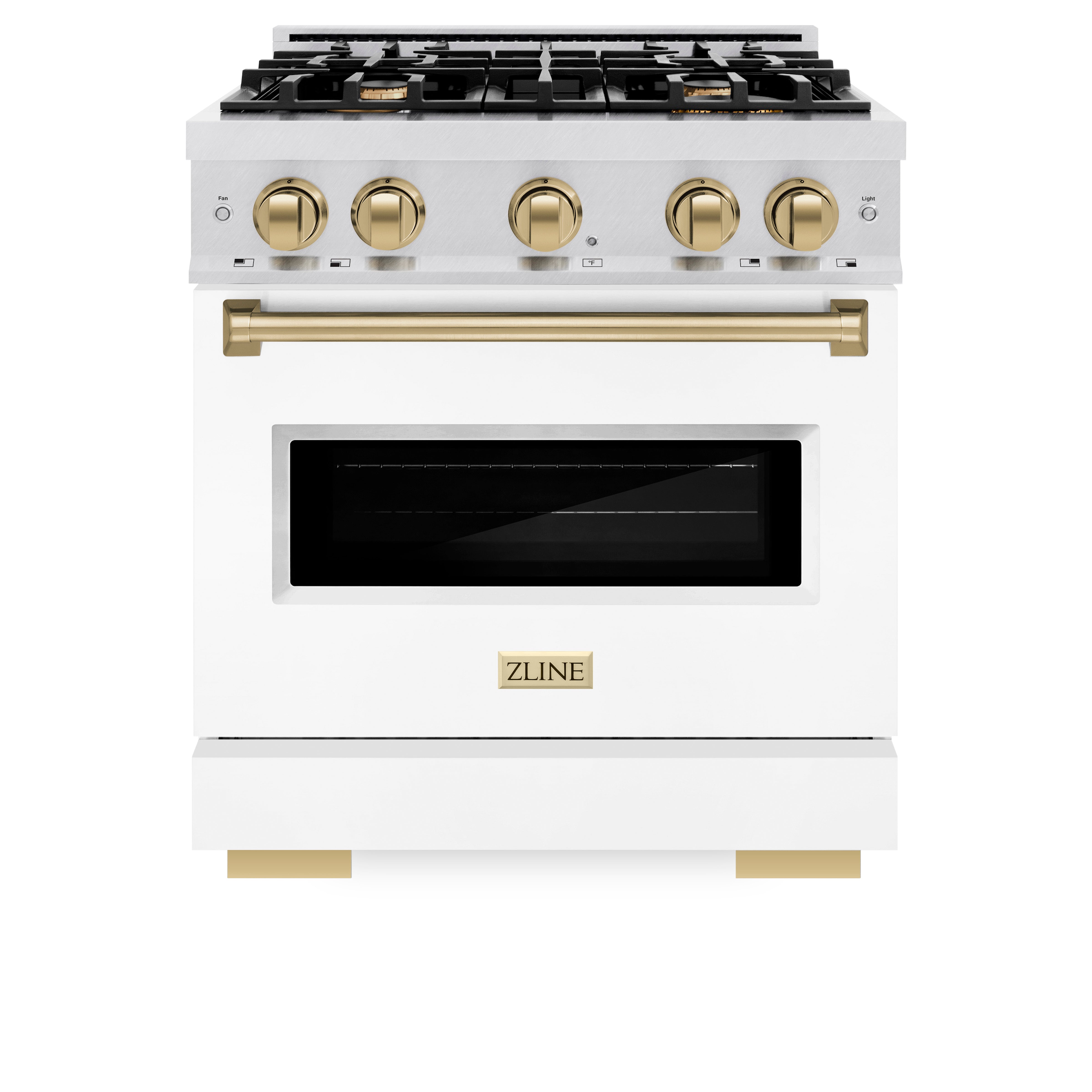 ZLINE Autograph Edition 30 in. 4.2 cu. ft. Classic Dual Fuel Range with 4 Burner Gas Cooktop and Electric Convection Oven in Satin Stainless Steel with White Matte Door and Polished Gold Accents (CDRSZ-WM-30-G)