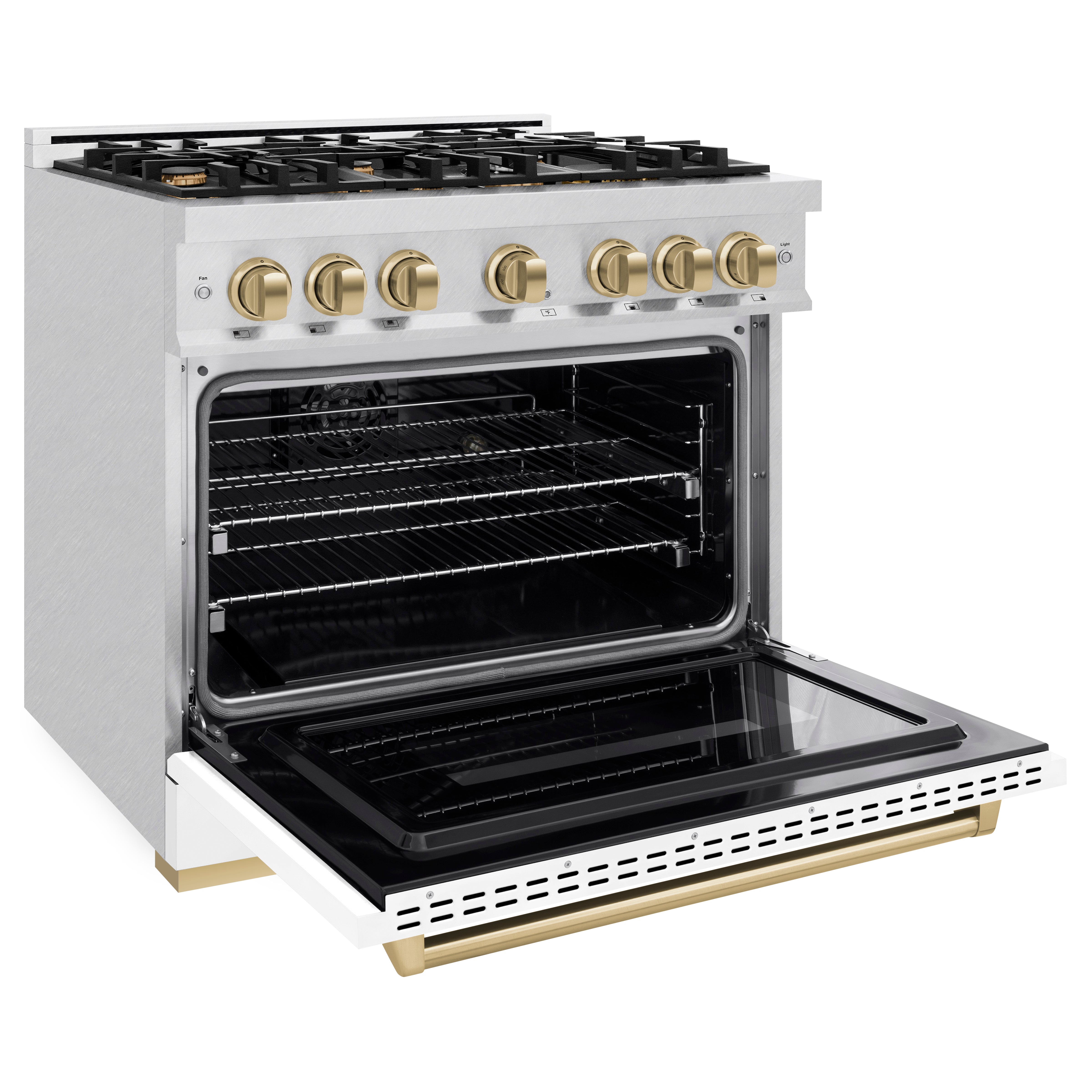 ZLINE Autograph Edition 36 in. 5.2 cu. ft. Classic Dual Fuel Range with 6 Burner Gas Cooktop and Electric Convection Oven in Satin Stainless Steel with White Matte Door and Champagne Bronze Accents (CDRSZ-WM-36-CB)