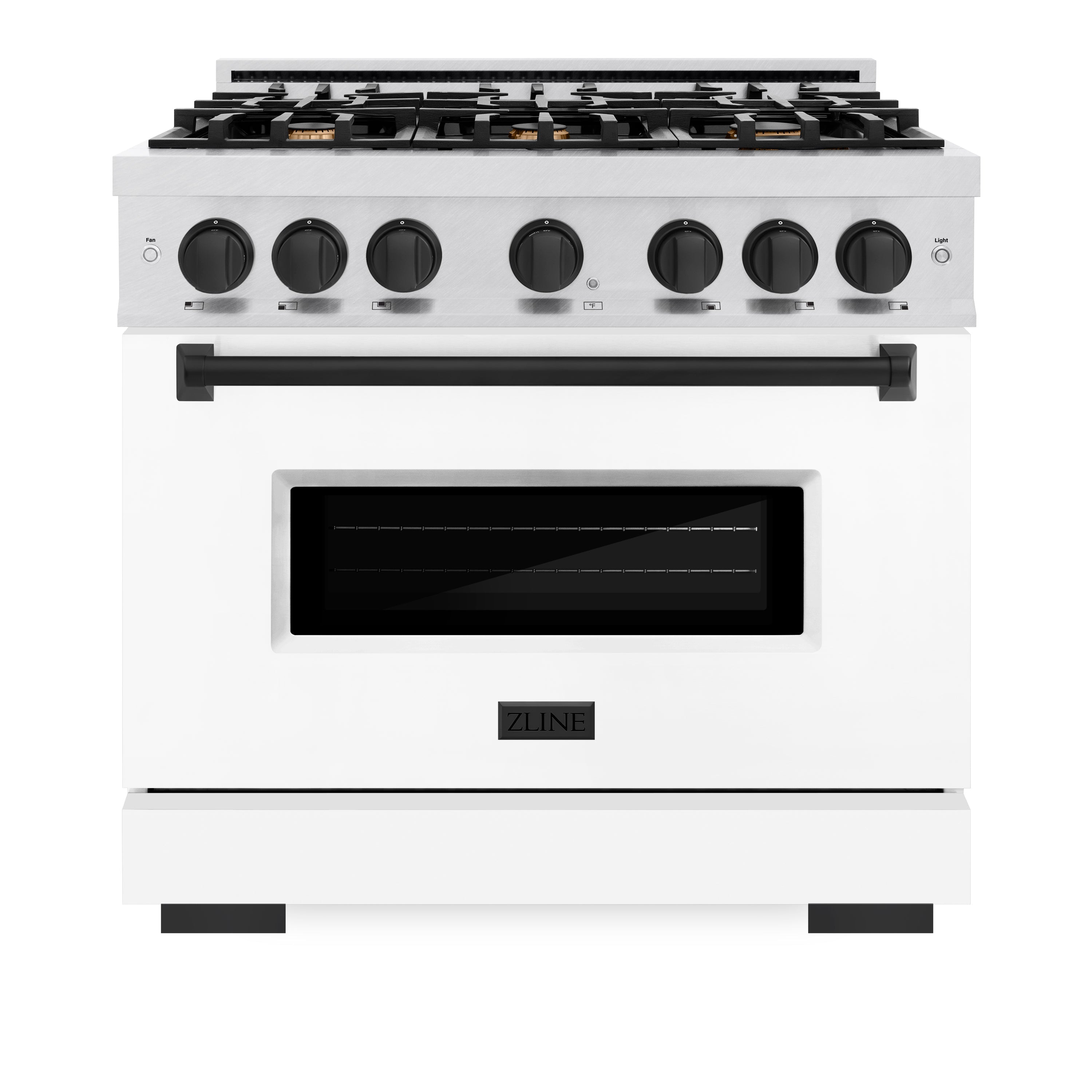ZLINE Autograph Edition 36 in. 5.2 cu. ft. Classic Dual Fuel Range with 6 Burner Gas Cooktop and Electric Convection Oven in Satin Stainless Steel with White Matte Door and Matte Black Accents (CDRSZ-WM-36-MB)