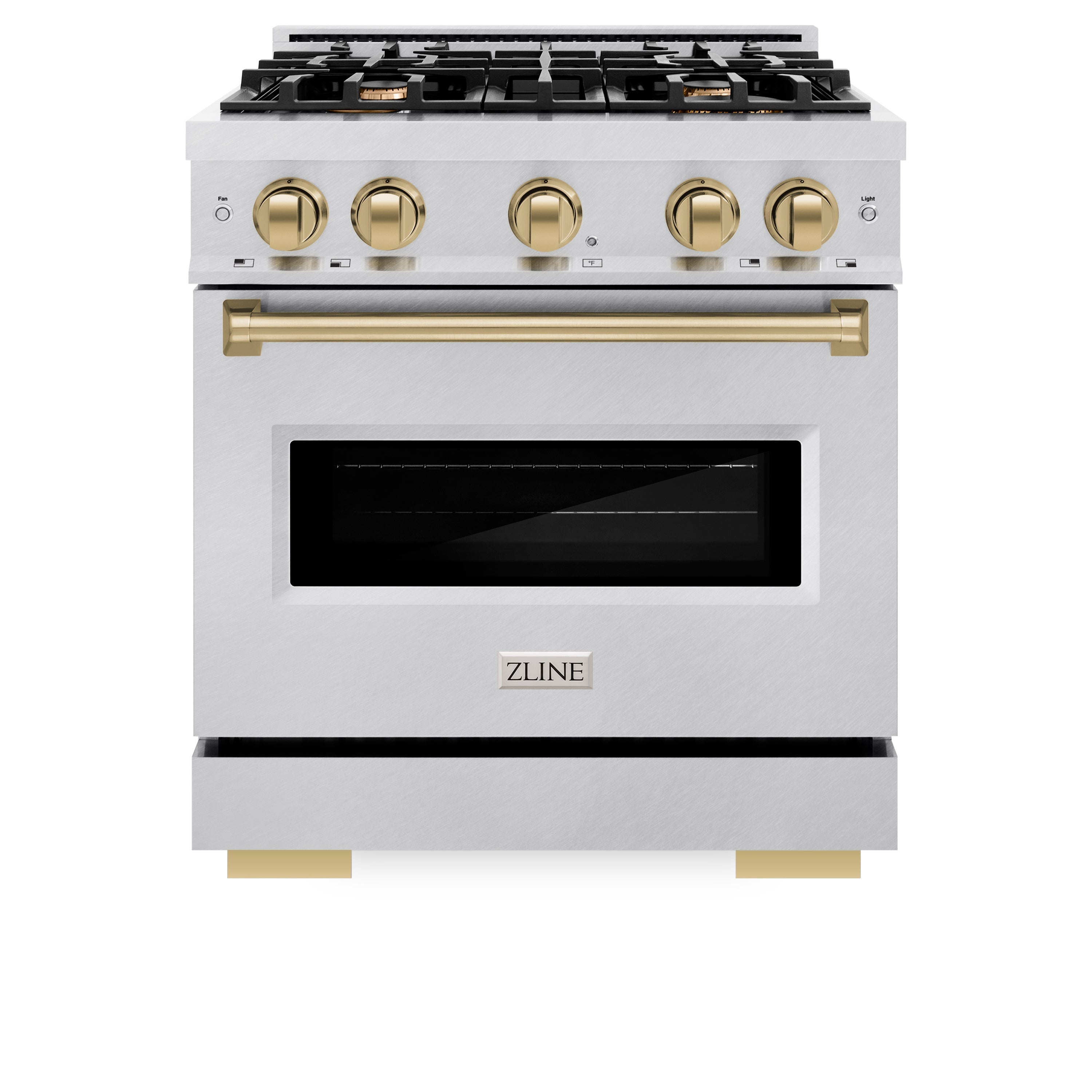 ZLINE Autograph Edition 30 in. 4.2 cu. ft. Classic Gas Range with 4 Burner Cooktop and Convection Gas Oven in Satin Stainless Steel and Champagne Bronze Accents (CGRSZ-30-CB)