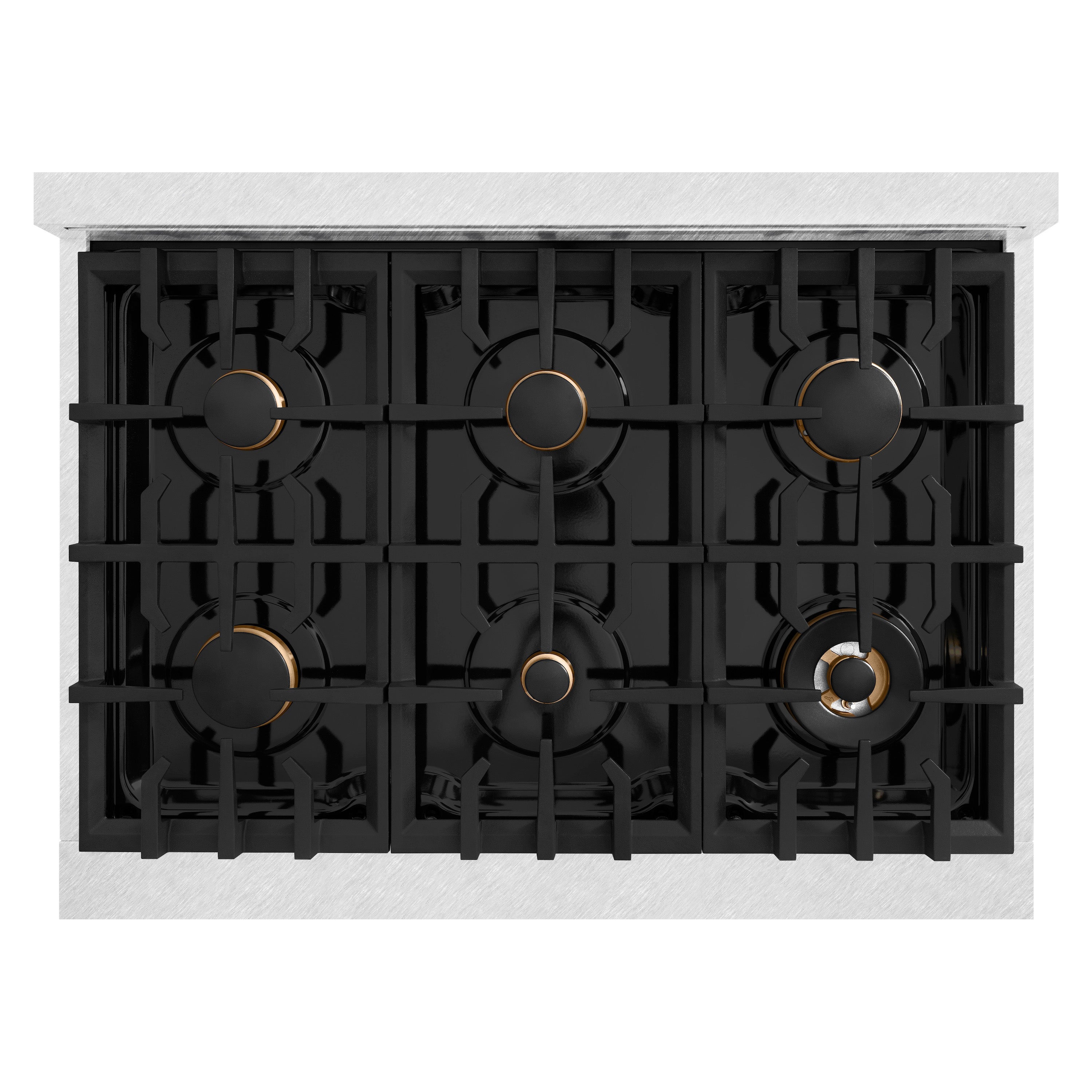 ZLINE Autograph Edition 36 in. 5.2 cu. ft. Classic Gas Range with 6 Burner Cooktop and Convection Gas Oven in Satin Stainless Steel and Champagne Bronze Accents (CGRSZ-36-CB)