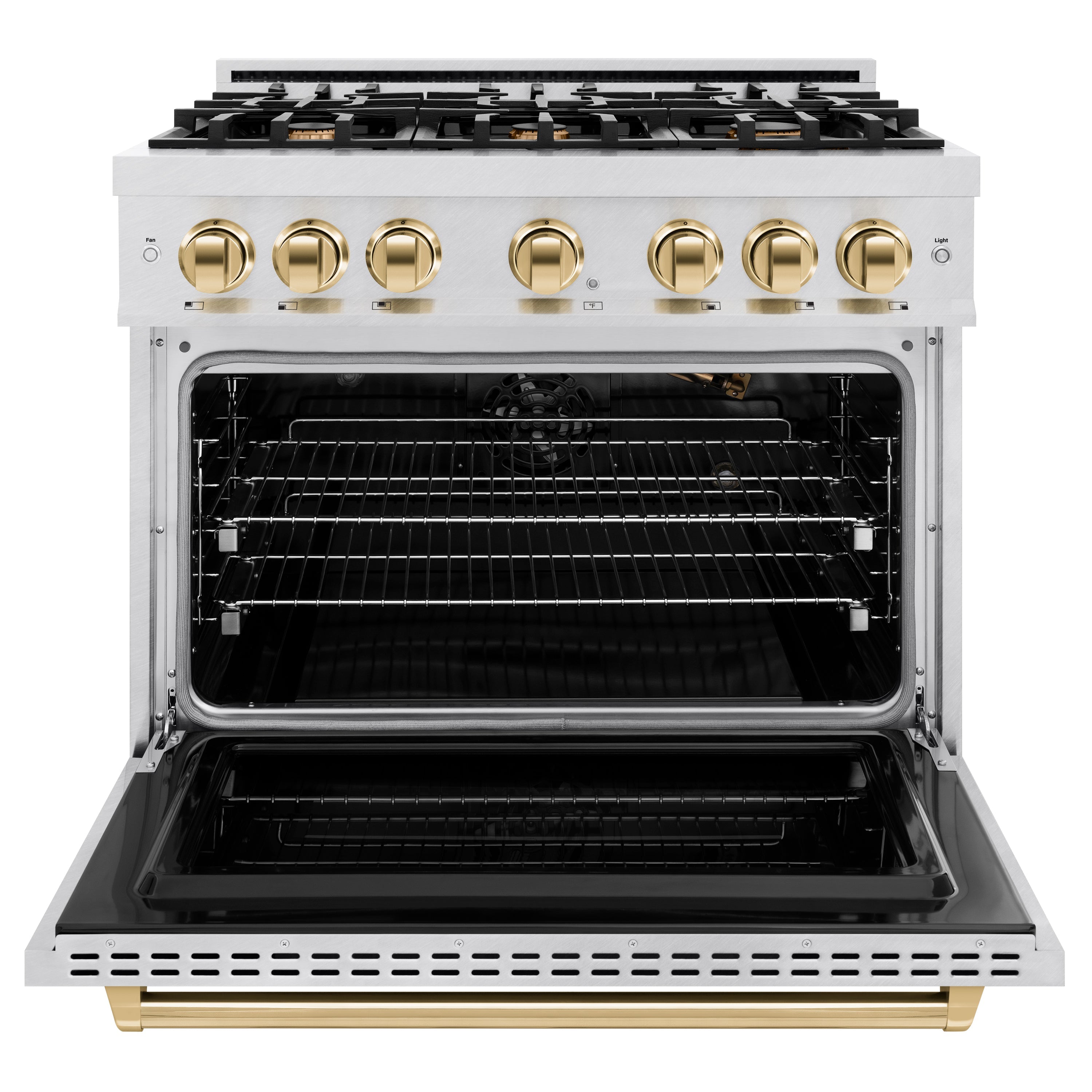 ZLINE Autograph Edition 36 in. 5.2 cu. ft. Classic Gas Range with 6 Burner Cooktop and Convection Gas Oven in Satin Stainless Steel and Polished Gold Accents (CGRSZ-36-G)