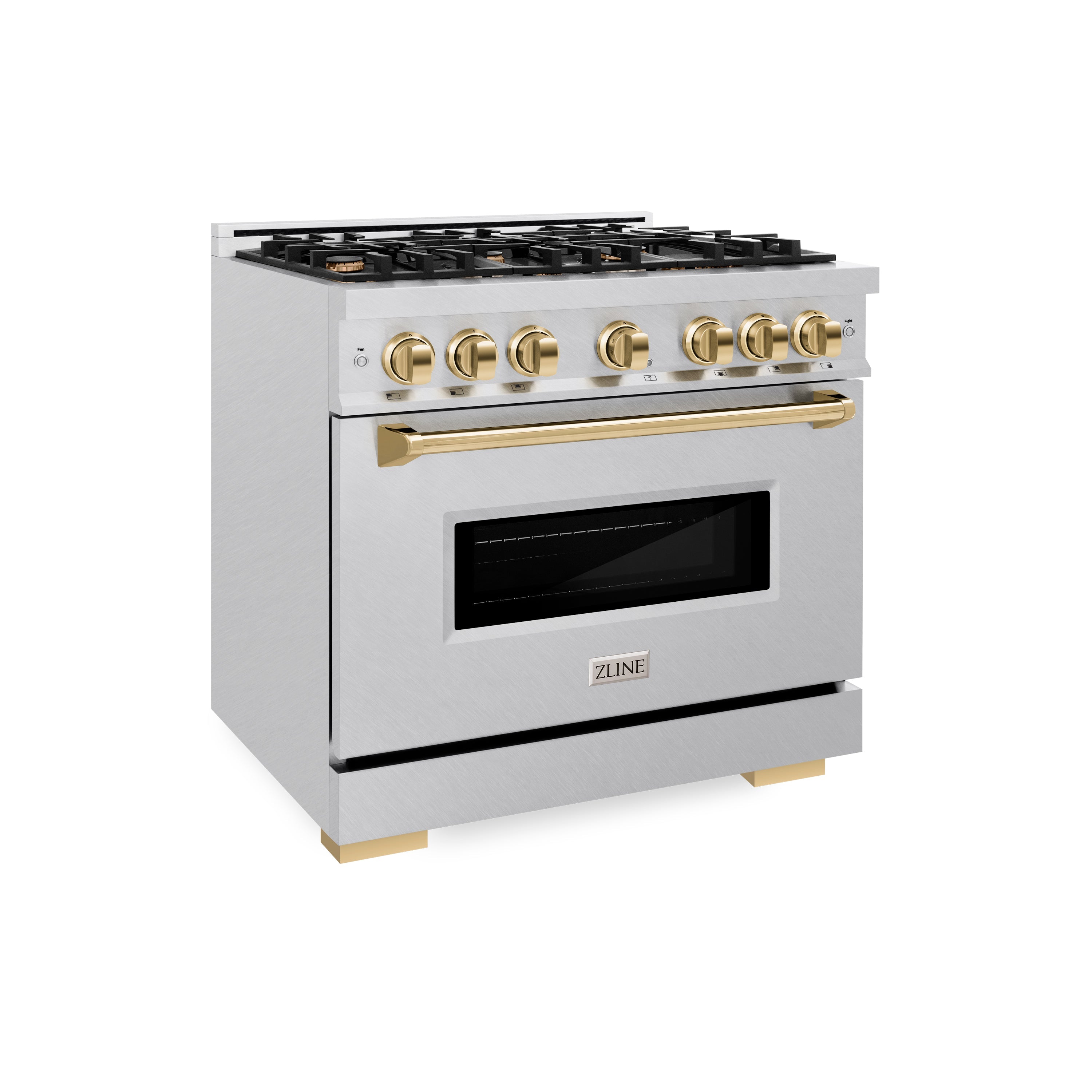 ZLINE Autograph Edition 36 in. 5.2 cu. ft. Classic Gas Range with 6 Burner Cooktop and Convection Gas Oven in Satin Stainless Steel and Polished Gold Accents (CGRSZ-36-G)