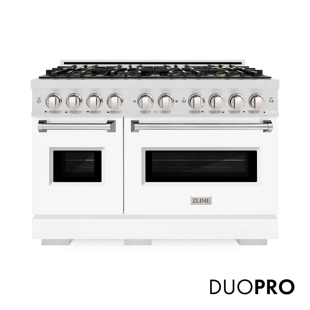 ZLINE 48 in. 6.7 cu. ft. Classic Dual Fuel Range with 8 Burner DuoPro™ Cooktop and Dual Ovens in Satin Stainless Steel with White Matte Doors (PCDRS-WM-48)