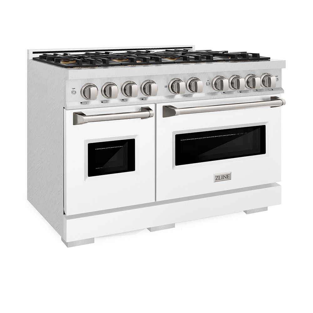 ZLINE 48 in. 6.7 cu. ft. Classic Dual Fuel Range with 8 Burner DuoPro™ Cooktop and Dual Ovens in Satin Stainless Steel with White Matte Doors (PCDRS-WM-48)