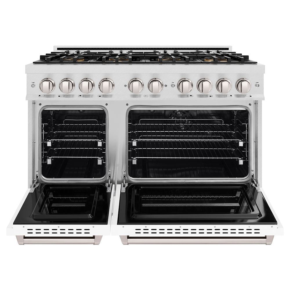 ZLINE 48 in. 6.7 cu. ft. Classic Dual Fuel Range with 8 Burner DuoPro™ Cooktop and Dual Ovens in Satin Stainless Steel with White Matte Doors (PCDRS-WM-48)