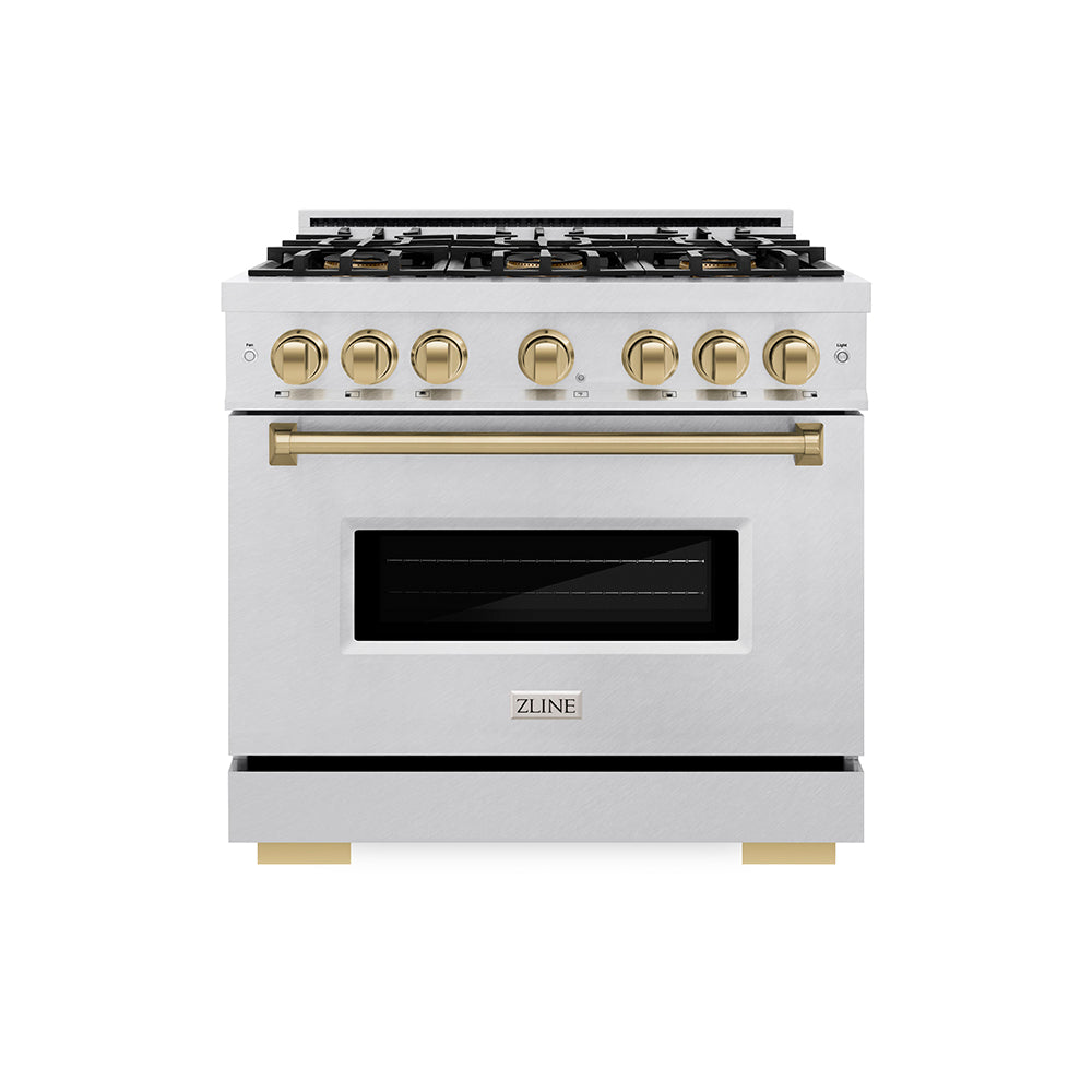 ZLINE Autograph Edition 36 in. 5.2 cu. ft. Classic Dual Fuel Range with 6 Burner DuoPro™ Cooktop and Electric Convection Oven in Satin Stainless Steel and Champagne Bronze Accents (PCDRSZ-36-CB)