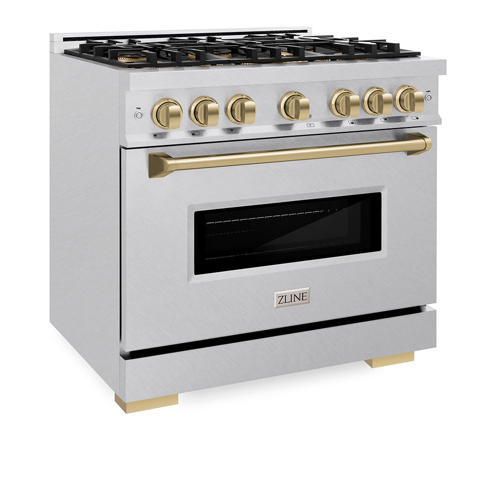 ZLINE Autograph Edition 36 in. 5.2 cu. ft. Classic Dual Fuel Range with 6 Burner DuoPro™ Cooktop and Electric Convection Oven in Satin Stainless Steel and Champagne Bronze Accents (PCDRSZ-36-CB)