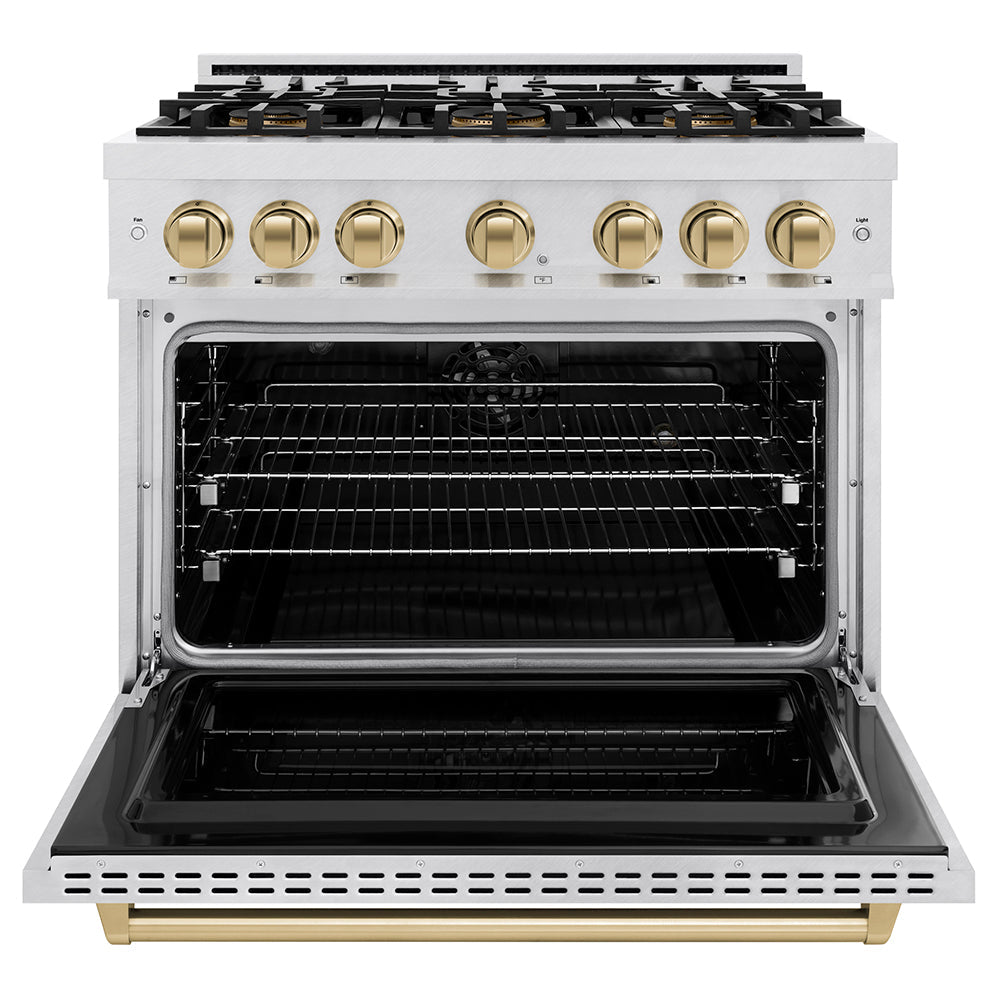ZLINE Autograph Edition 36 in. 5.2 cu. ft. Classic Dual Fuel Range with 6 Burner DuoPro™ Cooktop and Electric Convection Oven in Satin Stainless Steel and Champagne Bronze Accents (PCDRSZ-36-CB)