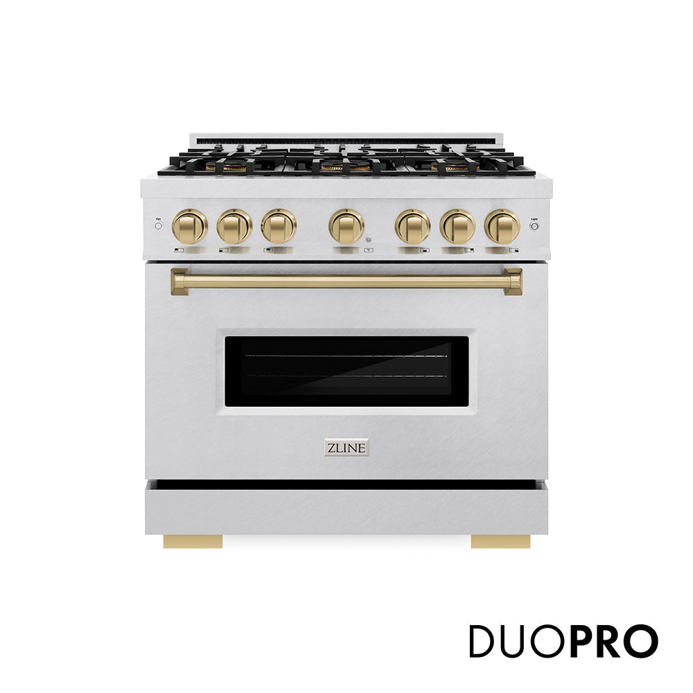 ZLINE Autograph Edition 36 in. 5.2 cu. ft. Classic Gas Range with 6 Burner DuoPro™ Cooktop and Convection Gas Oven in Satin Stainless Steel and Champagne Bronze Accents (PCGRSZ-36-CB)