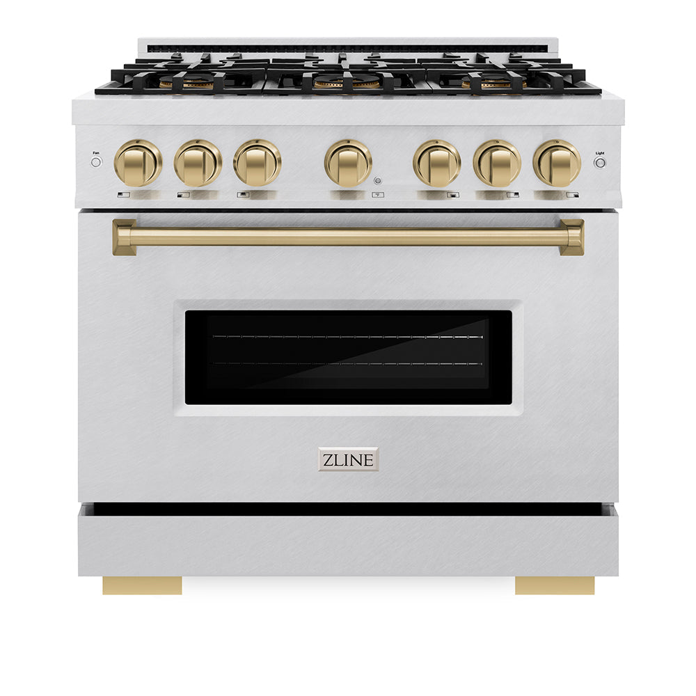 ZLINE Autograph Edition 36 in. 5.2 cu. ft. Classic Gas Range with 6 Burner DuoPro™ Cooktop and Convection Gas Oven in Satin Stainless Steel and Champagne Bronze Accents (PCGRSZ-36-CB)