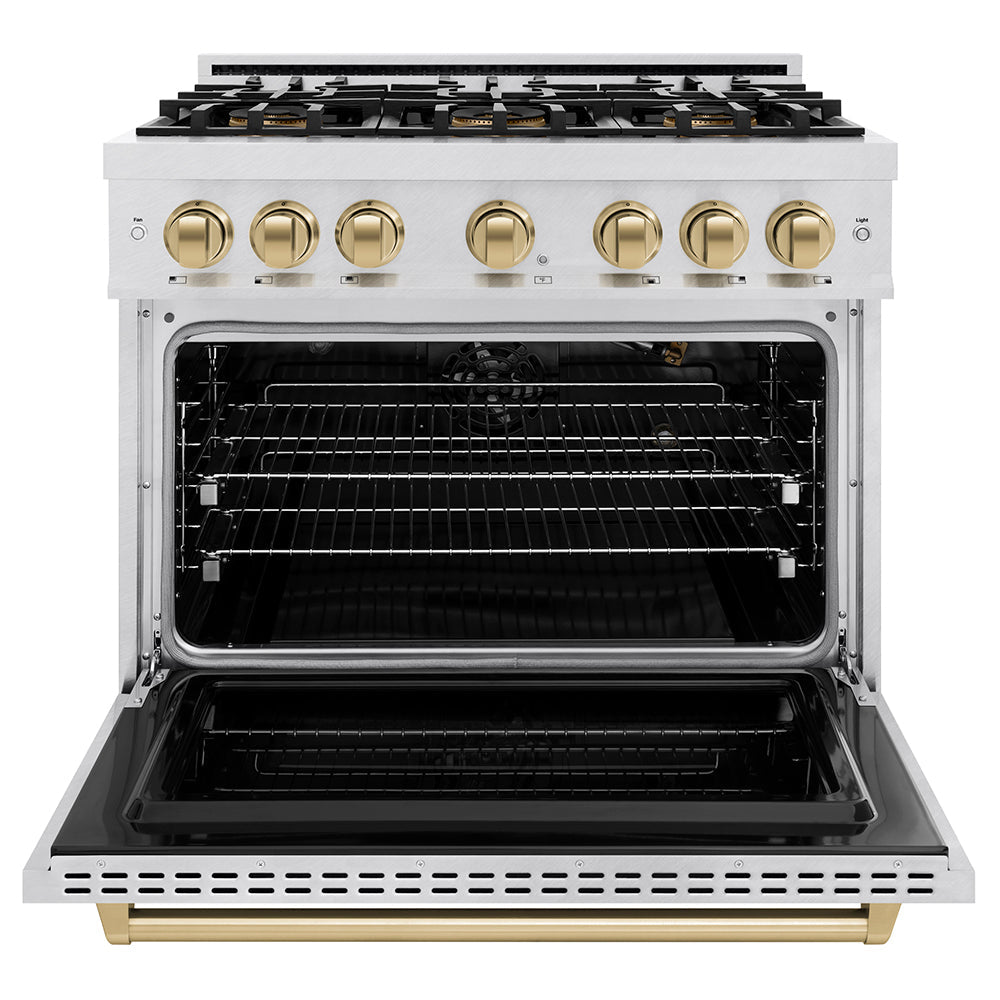 ZLINE Autograph Edition 36 in. 5.2 cu. ft. Classic Gas Range with 6 Burner DuoPro™ Cooktop and Convection Gas Oven in Satin Stainless Steel and Champagne Bronze Accents (PCGRSZ-36-CB)