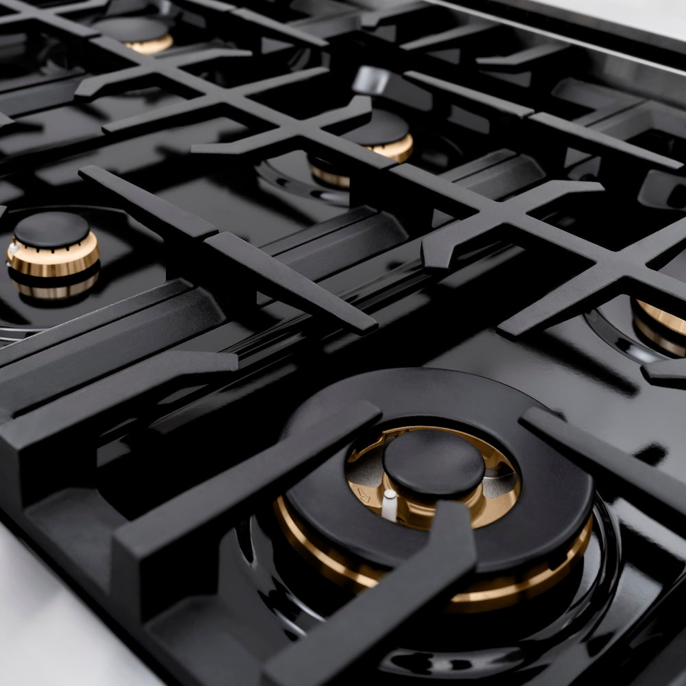 ZLINE Autograph Edition 36 in. 5.2 cu. ft. Classic Dual Fuel Range with 6 Burner Gas Cooktop and Electric Convection Oven in Stainless Steel with Black Matte Door and Polished Gold Accents (CDRZ-BLM-36-G)