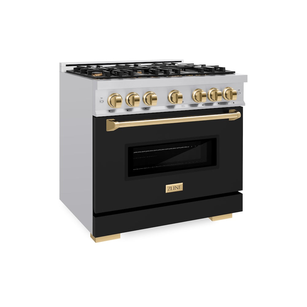 ZLINE Autograph Edition 36 in. 5.2 cu. ft. Classic Dual Fuel Range with 6 Burner Gas Cooktop and Electric Convection Oven in Stainless Steel with Black Matte Door and Polished Gold Accents (CDRZ-BLM-36-G)