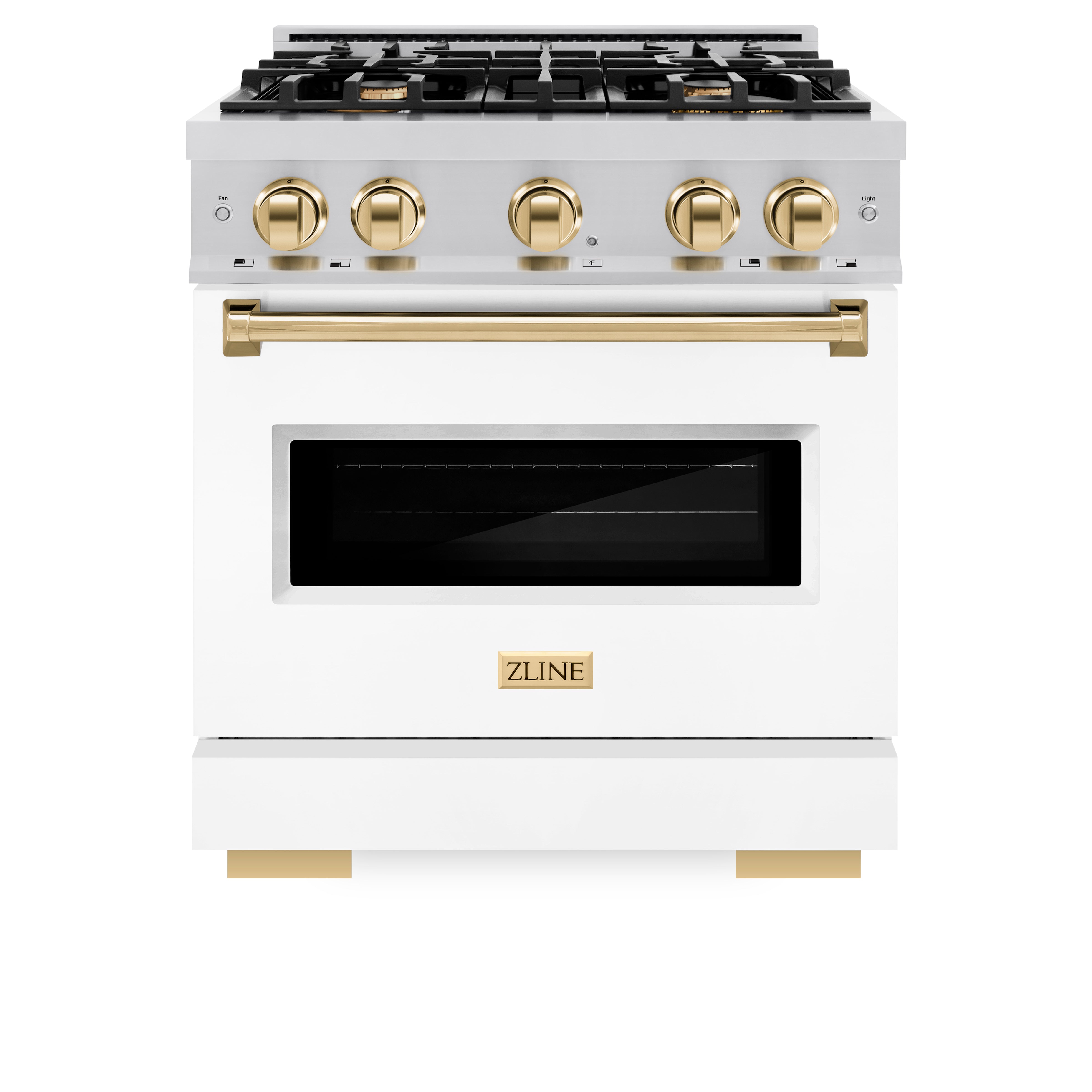 ZLINE Autograph Edition 30 in. 4.2 cu. ft. Classic Gas Range with 4 Burner Cooktop and Convection Gas Oven in Stainless Steel with White Matte Door and Polished Gold Accents (CGRZ-WM-30-G)