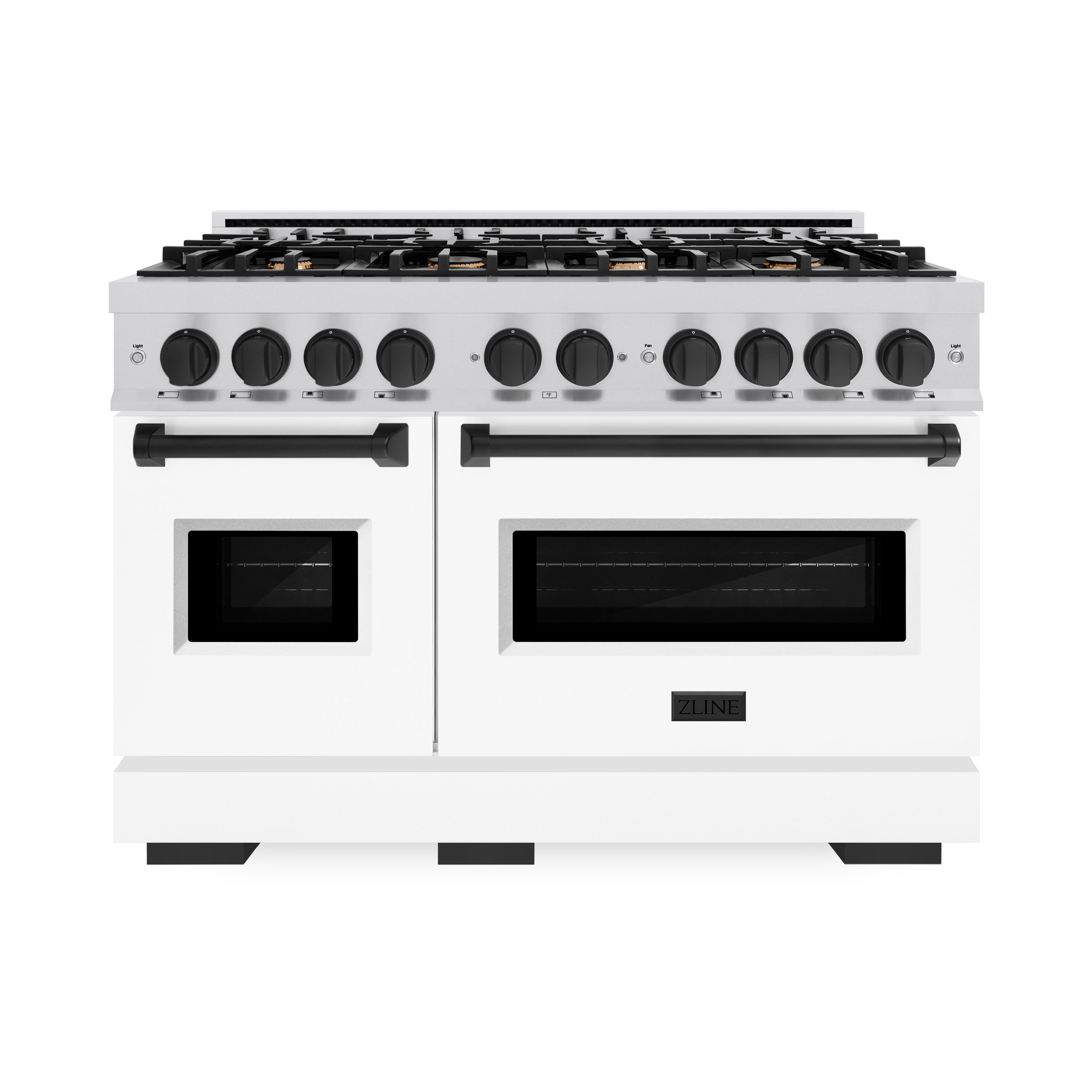 ZLINE Autograph Edition 48 in. 6.7 cu. ft. Classic Double Oven Gas Range with 8 Burner Cooktop in Stainless Steel with White Matte Doors and Matte Black Accents (CGRZ-WM-48-MB)