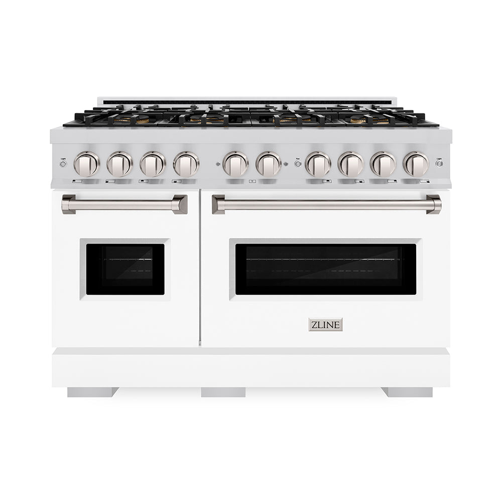 ZLINE 48 in. 6.7 cu. ft. Classic Dual Fuel Range with 8 Burner DuoPro™ Cooktop and Dual Ovens in Satin Stainless Steel with White Matte Doors (PCDRS-WM-48)