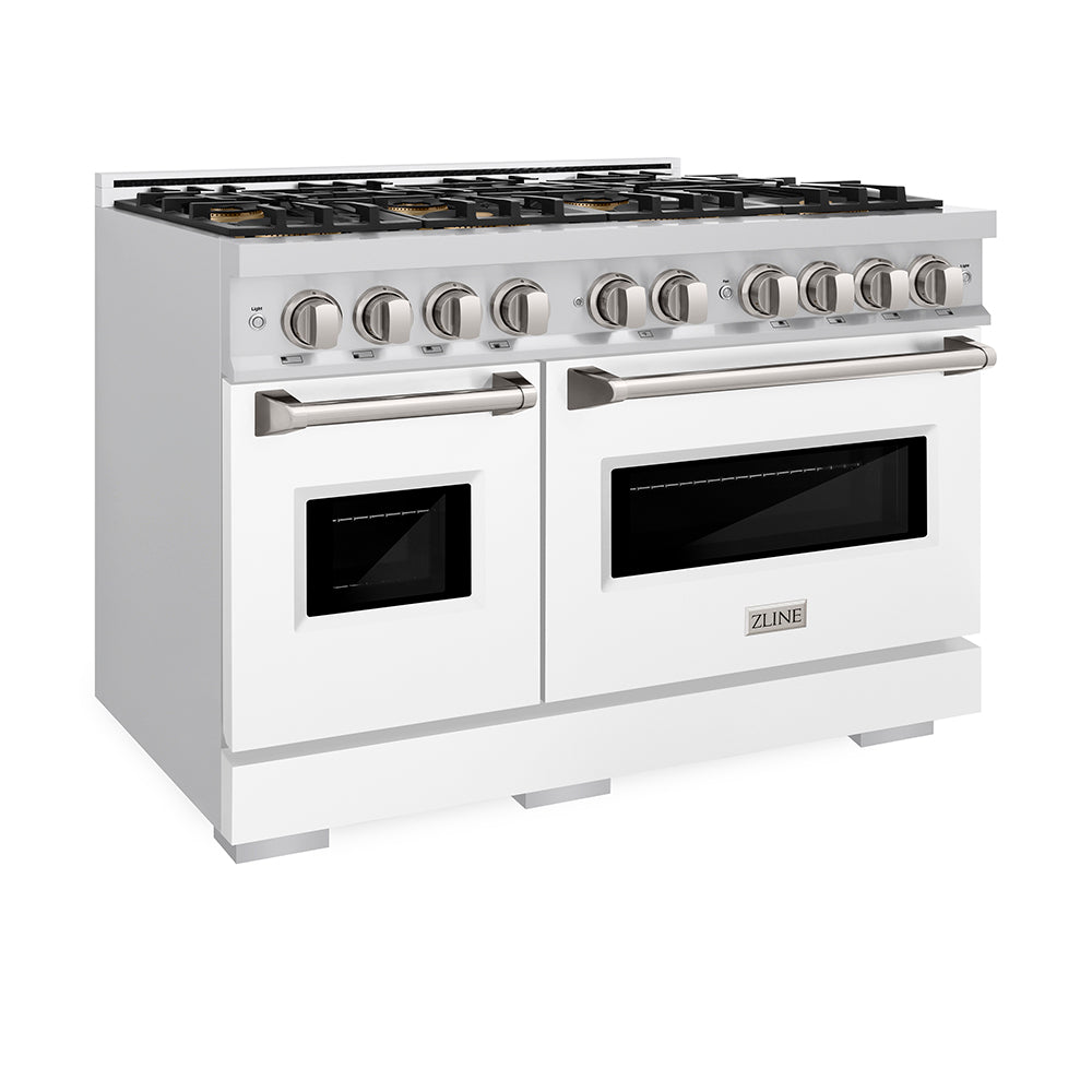 ZLINE 48 in. 6.7 cu. ft. Classic Dual Fuel Range with 8 Burner DuoPro™ Cooktop and Dual Ovens in Satin Stainless Steel with White Matte Doors (PCDRS-WM-48)