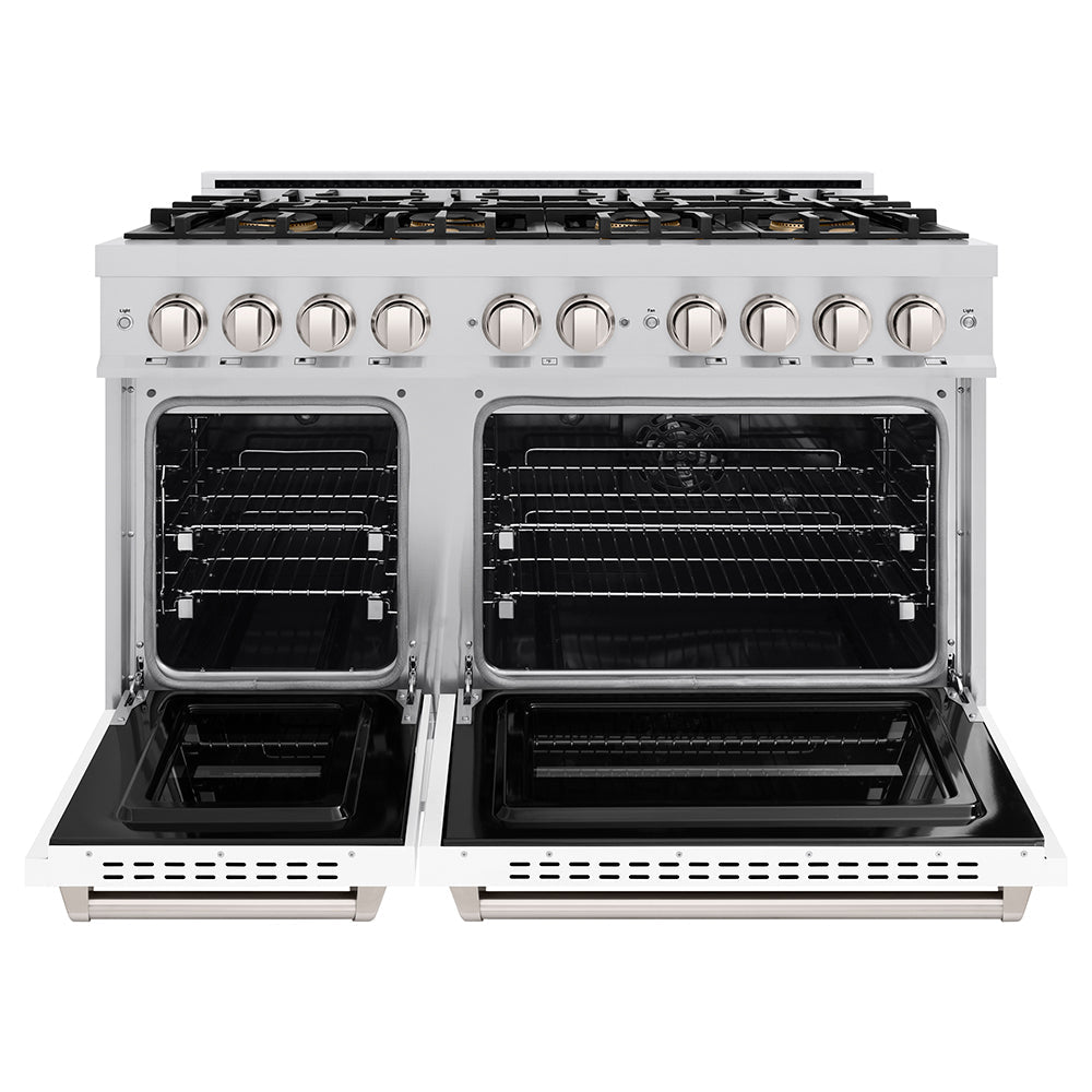 ZLINE 48 in. 6.7 cu. ft. Classic Dual Fuel Range with 8 Burner DuoPro™ Cooktop and Dual Ovens in Satin Stainless Steel with White Matte Doors (PCDRS-WM-48)