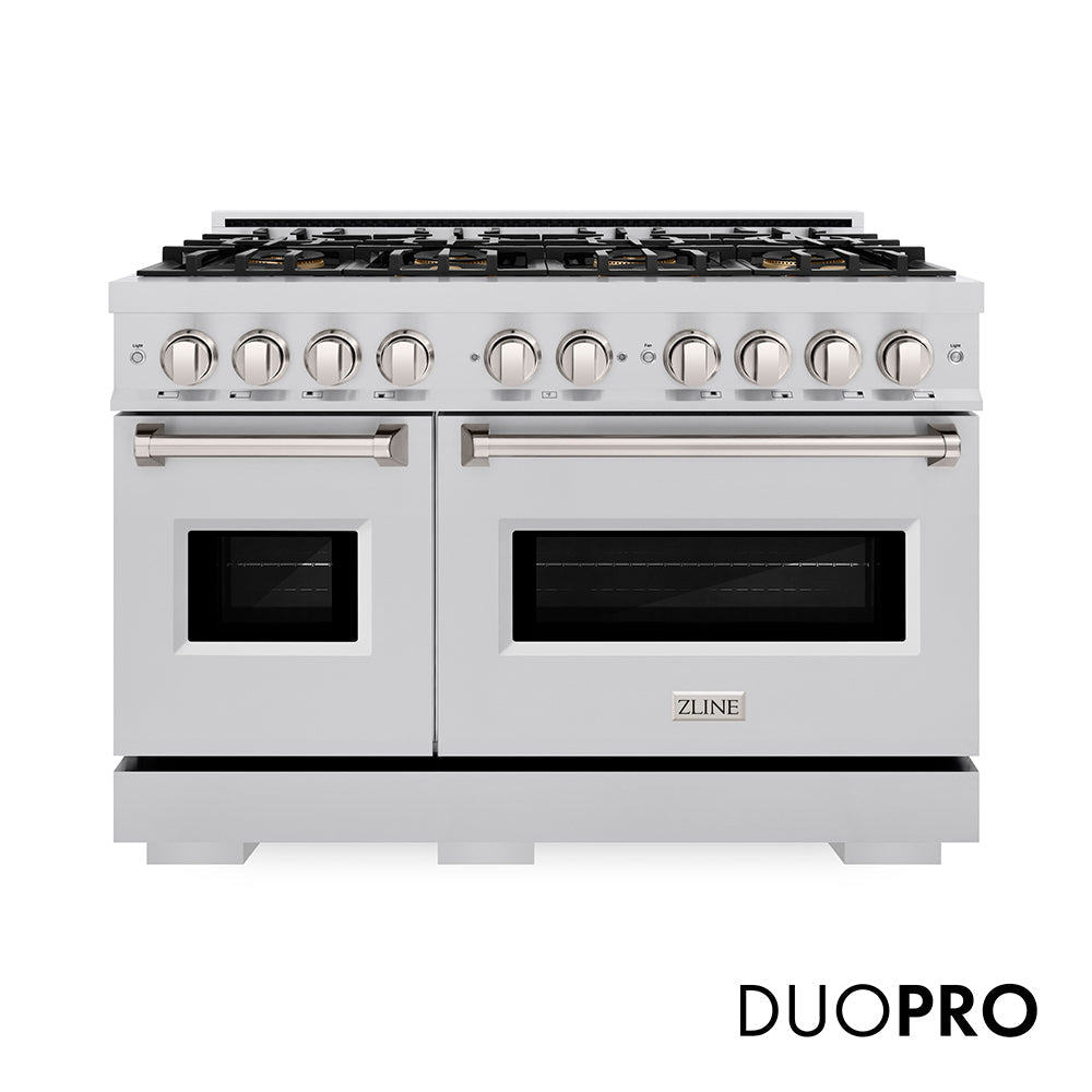 ZLINE 48 in. 6.7 cu. ft. Classic Dual Fuel Range with 8 Burner DuoPro™ Cooktop and Dual Ovens in Satin Stainless Steel with White Matte Doors (PCDRS-WM-48)