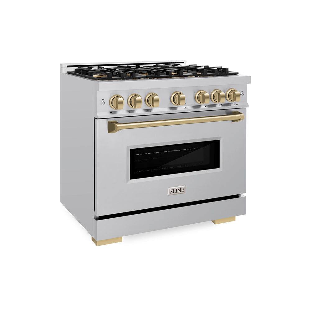 ZLINE Autograph Edition 36 in. 5.2 cu. ft. Classic Dual Fuel Range with 6 Burner DuoPro™ Cooktop and Electric Convection Oven in Satin Stainless Steel and Champagne Bronze Accents (PCDRSZ-36-CB)