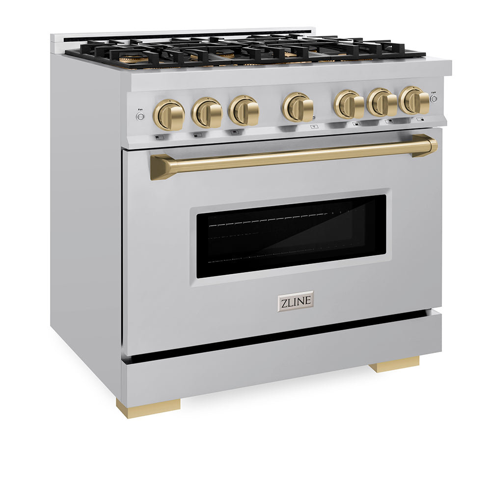 ZLINE Autograph Edition 36 in. 5.2 cu. ft. Classic Dual Fuel Range with 6 Burner DuoPro™ Cooktop and Electric Convection Oven in Satin Stainless Steel and Champagne Bronze Accents (PCDRSZ-36-CB)