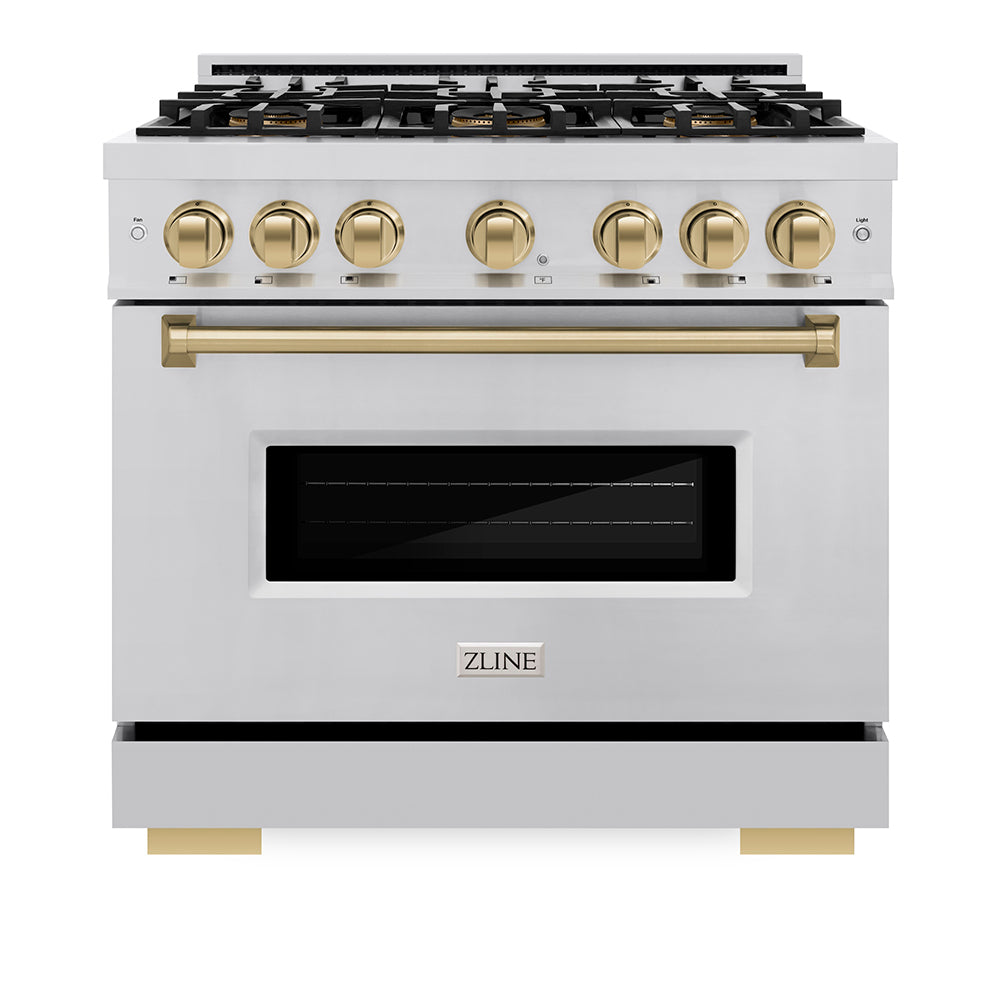 ZLINE Autograph Edition 36 in. 5.2 cu. ft. Classic Dual Fuel Range with 6 Burner DuoPro™ Cooktop and Electric Convection Oven in Satin Stainless Steel and Champagne Bronze Accents (PCDRSZ-36-CB)