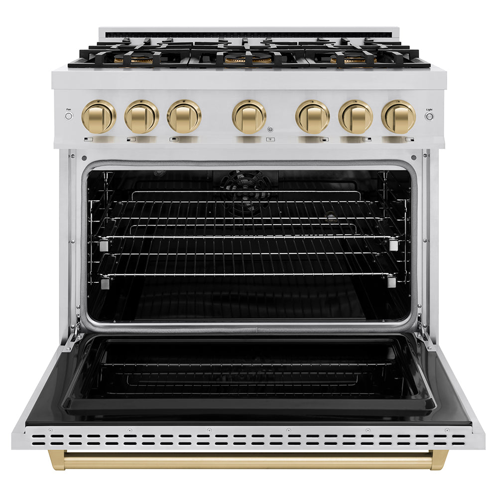 ZLINE Autograph Edition 36 in. 5.2 cu. ft. Classic Dual Fuel Range with 6 Burner DuoPro™ Cooktop and Electric Convection Oven in Satin Stainless Steel and Champagne Bronze Accents (PCDRSZ-36-CB)