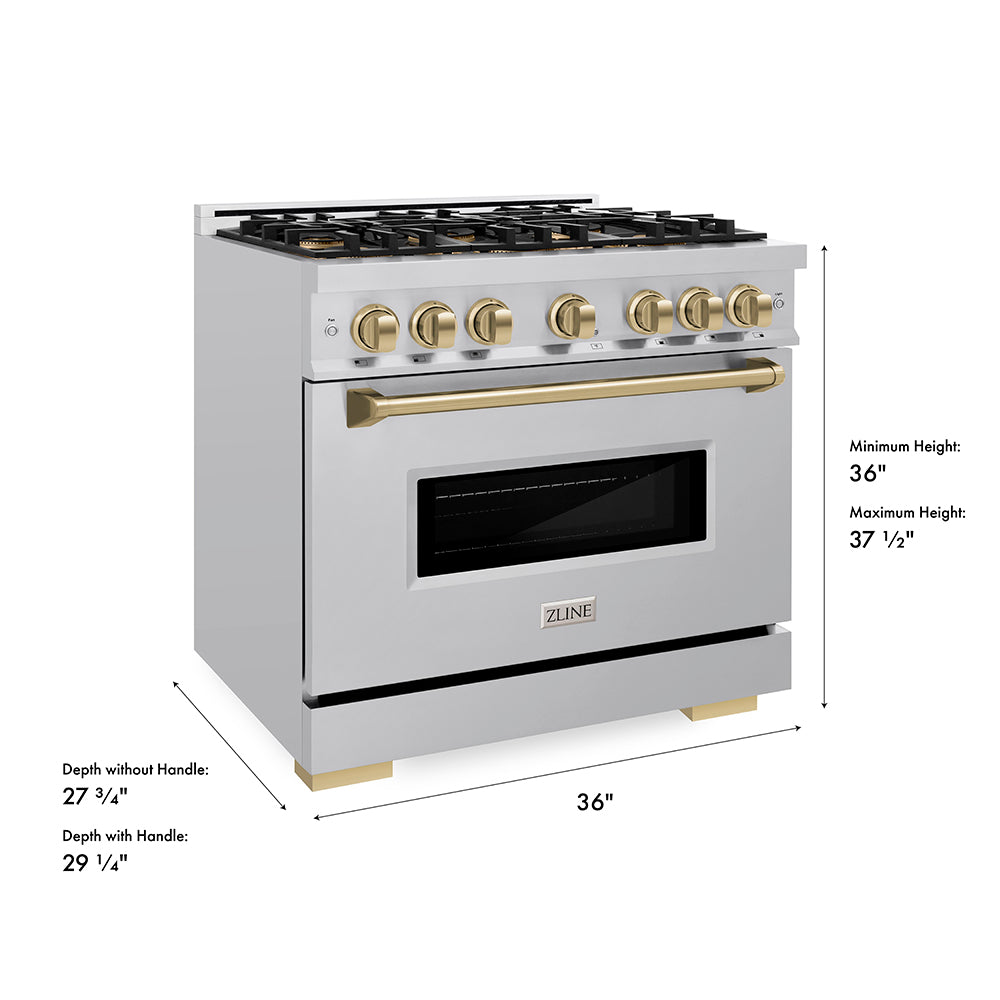 ZLINE Autograph Edition 36 in. 5.2 cu. ft. Classic Dual Fuel Range with 6 Burner DuoPro™ Cooktop and Electric Convection Oven in Satin Stainless Steel and Champagne Bronze Accents (PCDRSZ-36-CB)