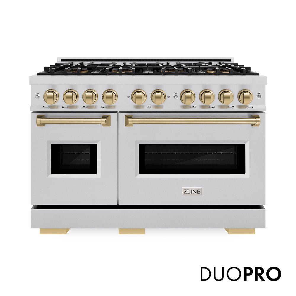 ZLINE Autograph Edition 48 in. 6.7 cu. ft. Classic Dual Fuel Range with 8 Burner DuoPro™ Cooktop and Dual Ovens in Stainless Steel and Champagne Bronze Accents (PCDRZ-48-CB)