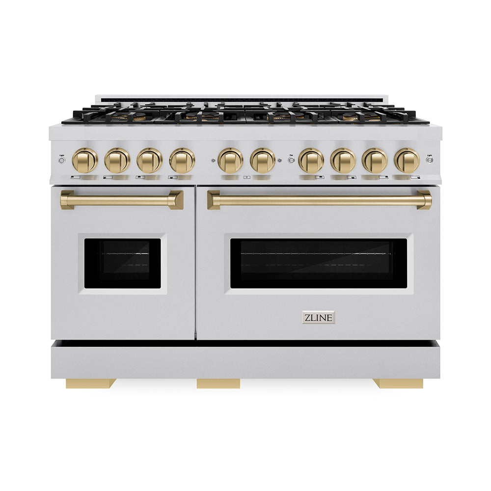 ZLINE Autograph Edition 48 in. 6.7 cu. ft. Classic Dual Fuel Range with 8 Burner DuoPro™ Cooktop and Dual Ovens in Stainless Steel and Champagne Bronze Accents (PCDRZ-48-CB)