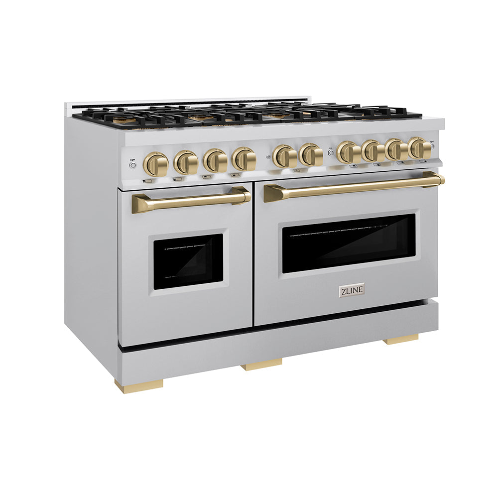 ZLINE Autograph Edition 48 in. 6.7 cu. ft. Classic Dual Fuel Range with 8 Burner DuoPro™ Cooktop and Dual Ovens in Stainless Steel and Champagne Bronze Accents (PCDRZ-48-CB)