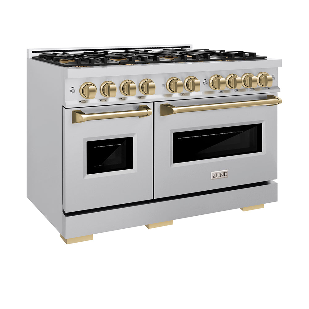 ZLINE Autograph Edition 48 in. 6.7 cu. ft. Classic Dual Fuel Range with 8 Burner DuoPro™ Cooktop and Dual Ovens in Stainless Steel and Champagne Bronze Accents (PCDRZ-48-CB)