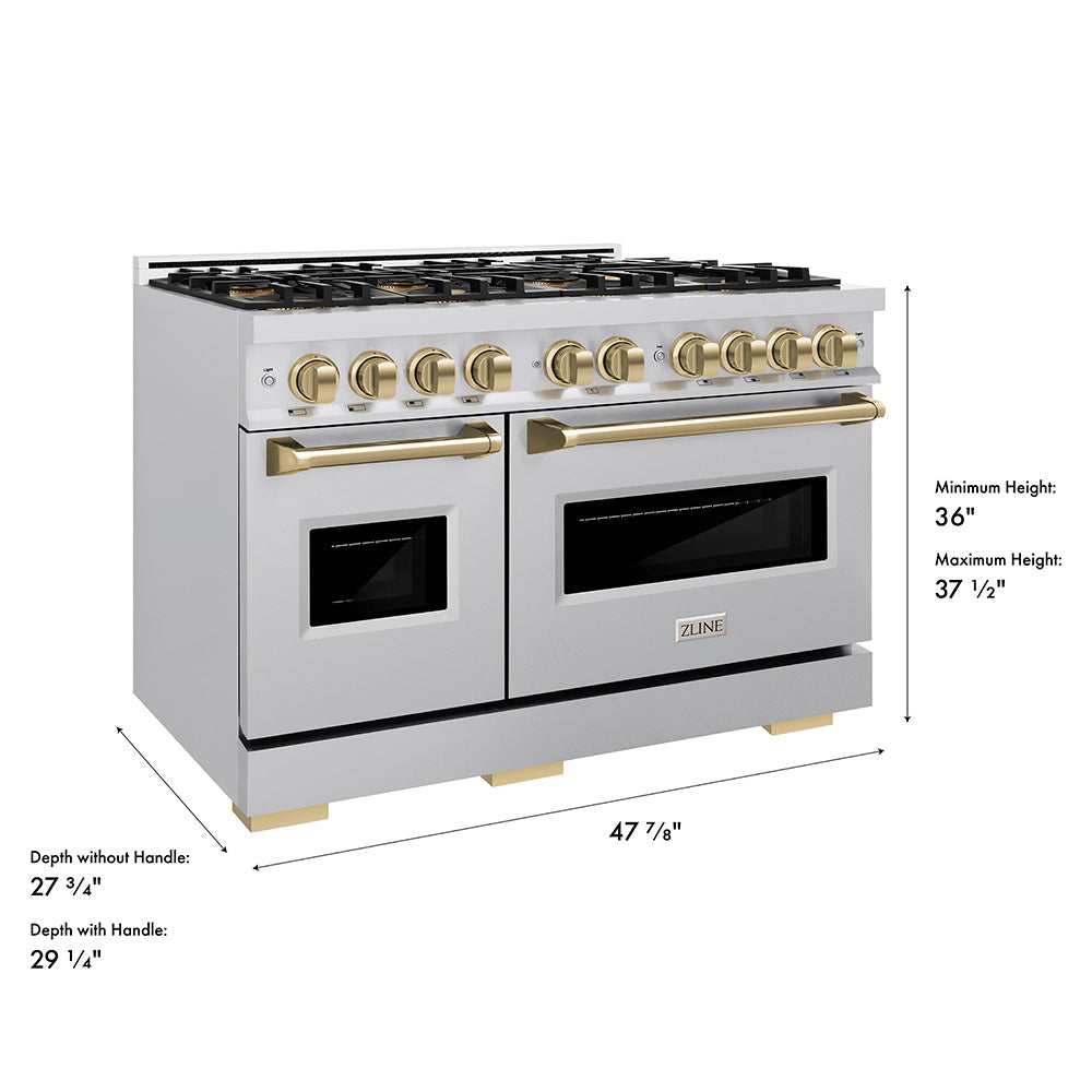 ZLINE Autograph Edition 48 in. 6.7 cu. ft. Classic Dual Fuel Range with 8 Burner DuoPro™ Cooktop and Dual Ovens in Stainless Steel and Champagne Bronze Accents (PCDRZ-48-CB)