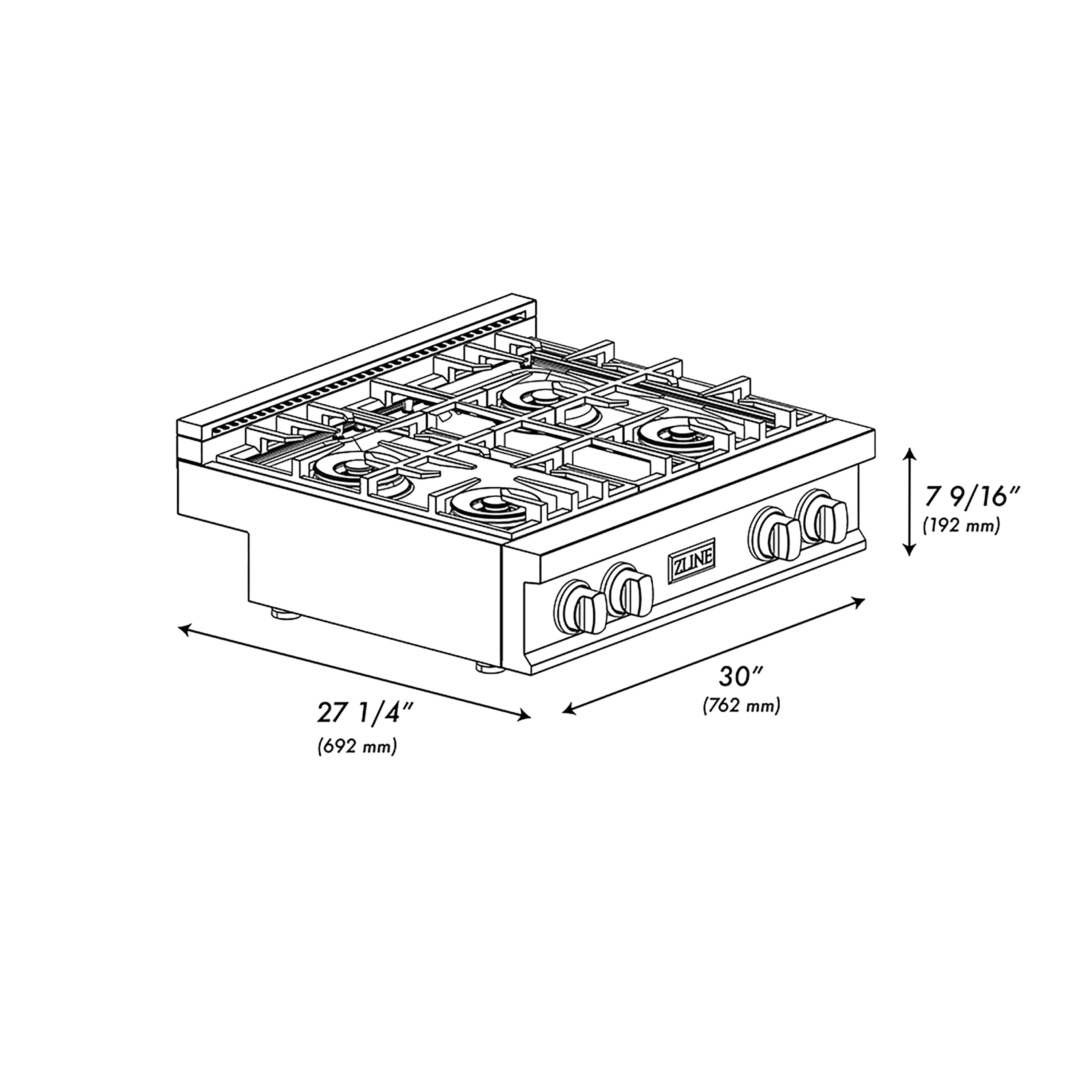 ZLINE 30 in. Classic Gas Rangetop with 4 Burner DuoPro™ Cooktop in Stainless Steel (PCRT30)
