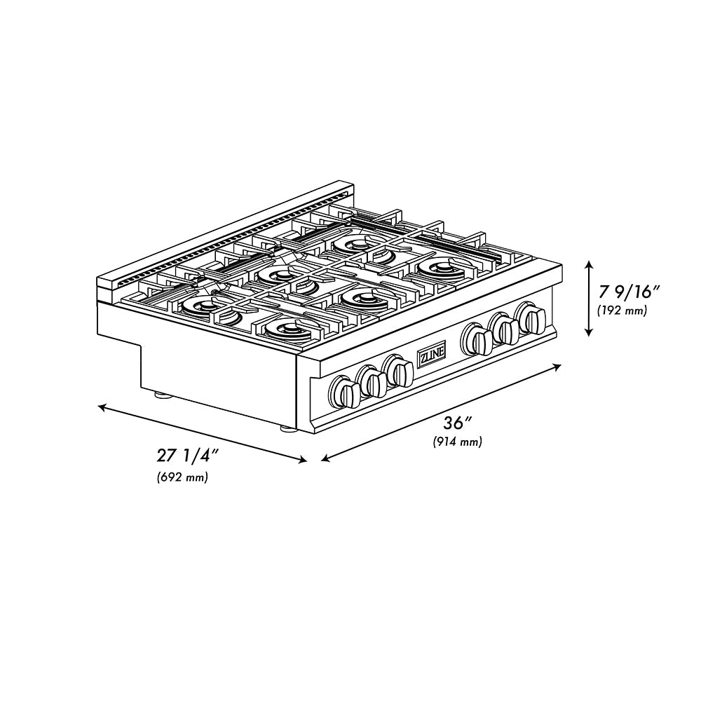 ZLINE 36 in. Classic Gas Rangetop with 6 Burner DuoPro™ Cooktop in Stainless Steel (PCRT36)