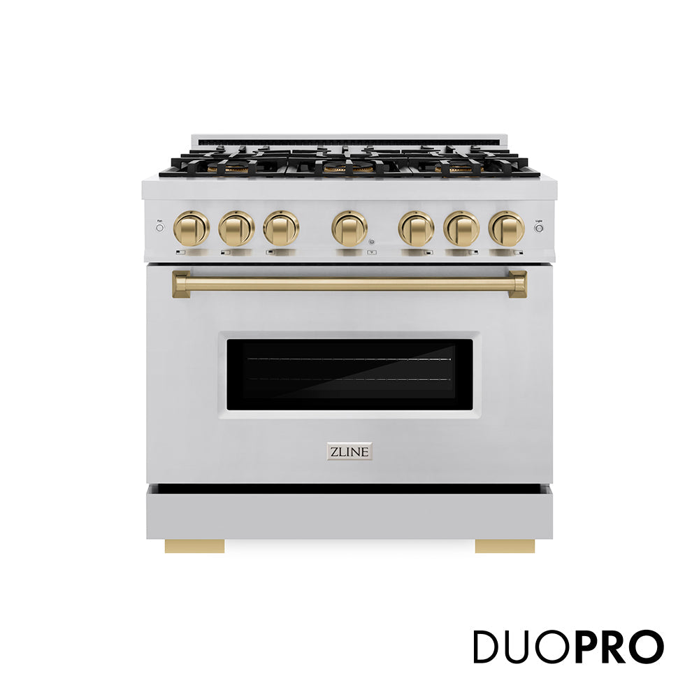 ZLINE Autograph Edition 36 in. 5.2 cu. ft. Classic Gas Range with 6 Burner DuoPro™ Cooktop and Convection Gas Oven in Satin Stainless Steel and Champagne Bronze Accents (PCGRSZ-36-CB)