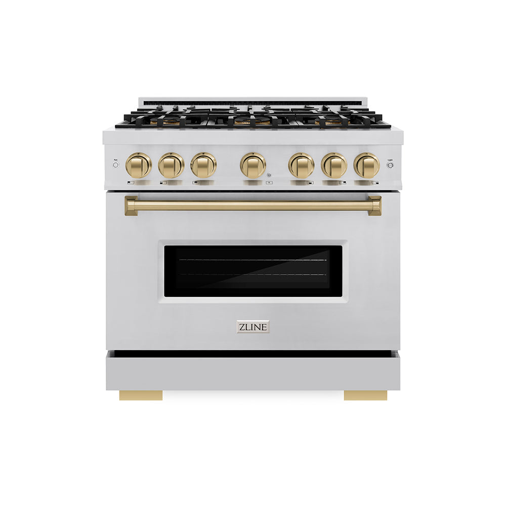 ZLINE Autograph Edition 36 in. 5.2 cu. ft. Classic Gas Range with 6 Burner DuoPro™ Cooktop and Convection Gas Oven in Satin Stainless Steel and Champagne Bronze Accents (PCGRSZ-36-CB)