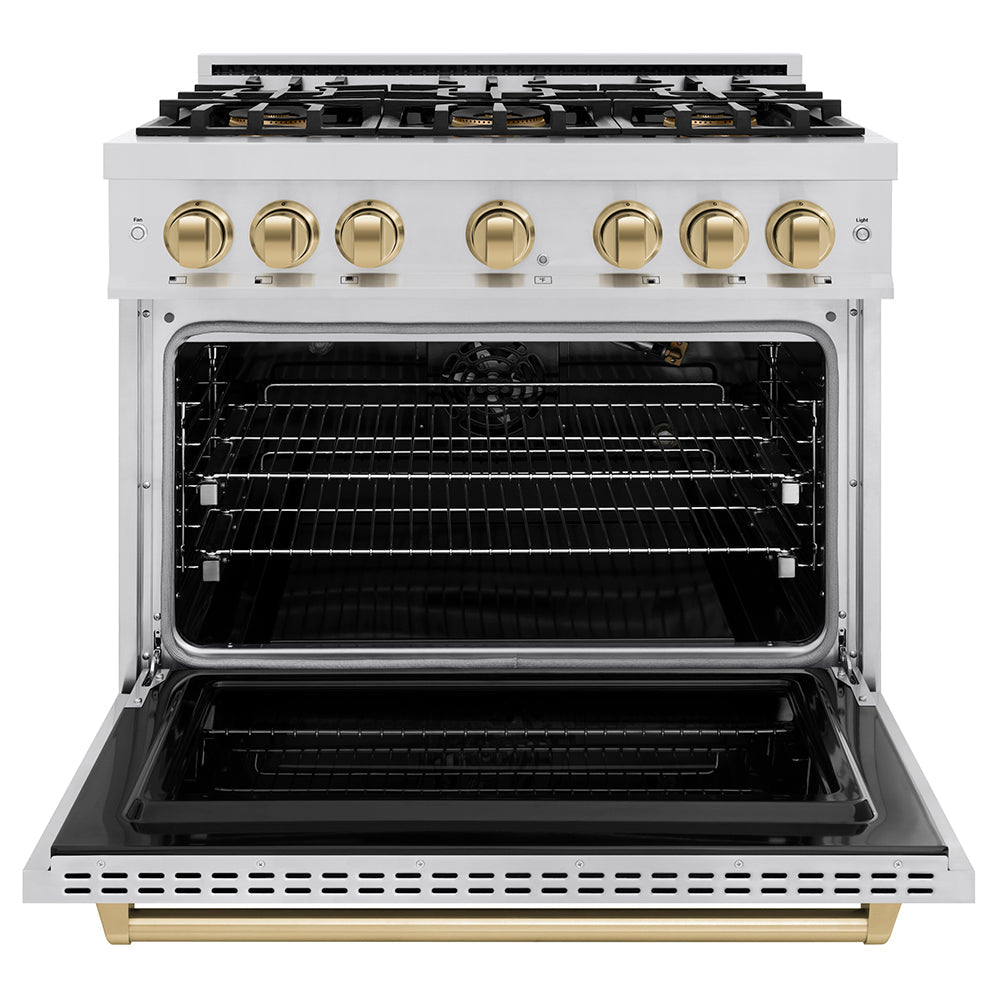 ZLINE Autograph Edition 36 in. 5.2 cu. ft. Classic Gas Range with 6 Burner DuoPro™ Cooktop and Convection Gas Oven in Satin Stainless Steel and Champagne Bronze Accents (PCGRSZ-36-CB)