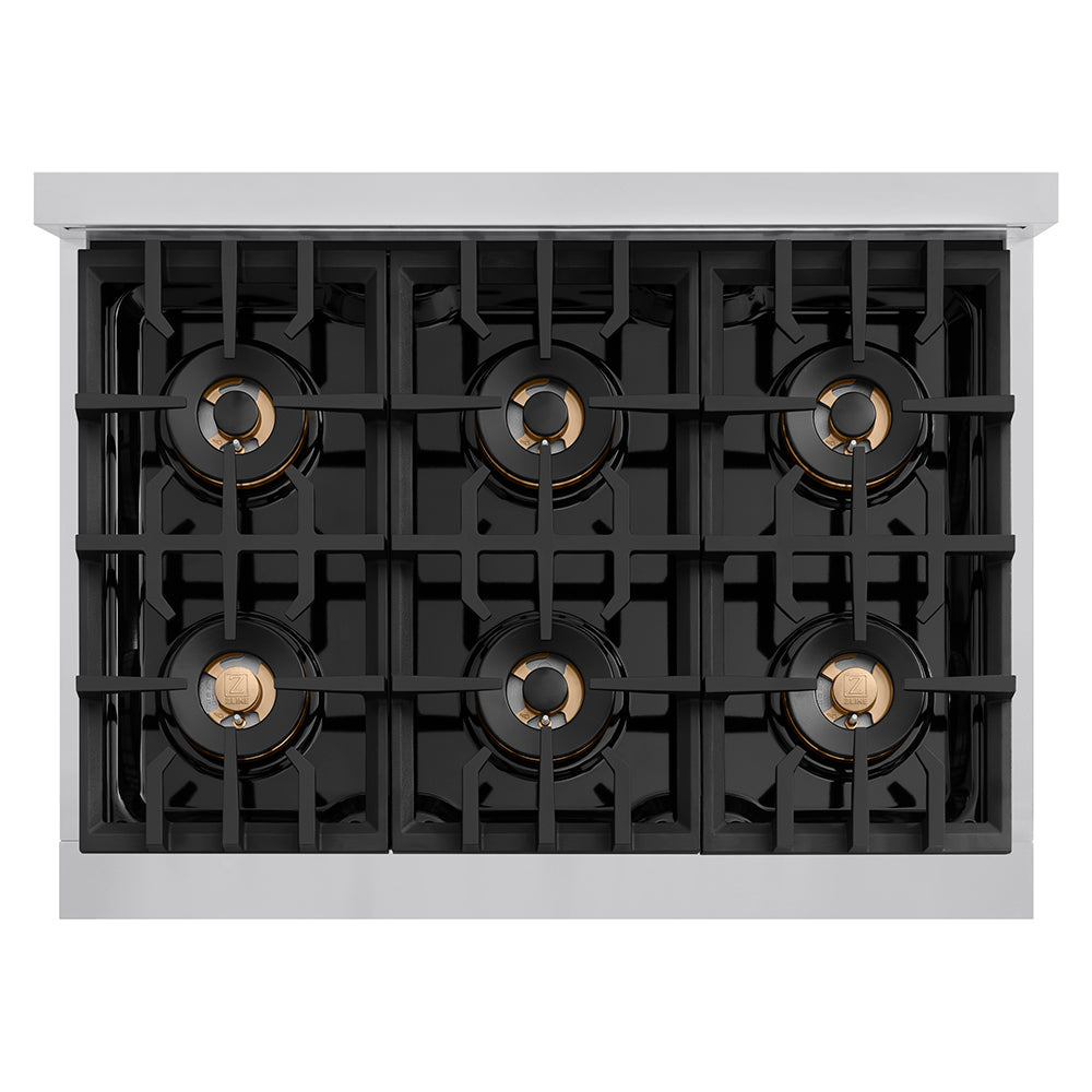 ZLINE Autograph Edition 36 in. 5.2 cu. ft. Classic Gas Range with 6 Burner DuoPro™ Cooktop and Convection Gas Oven in Satin Stainless Steel and Champagne Bronze Accents (PCGRSZ-36-CB)