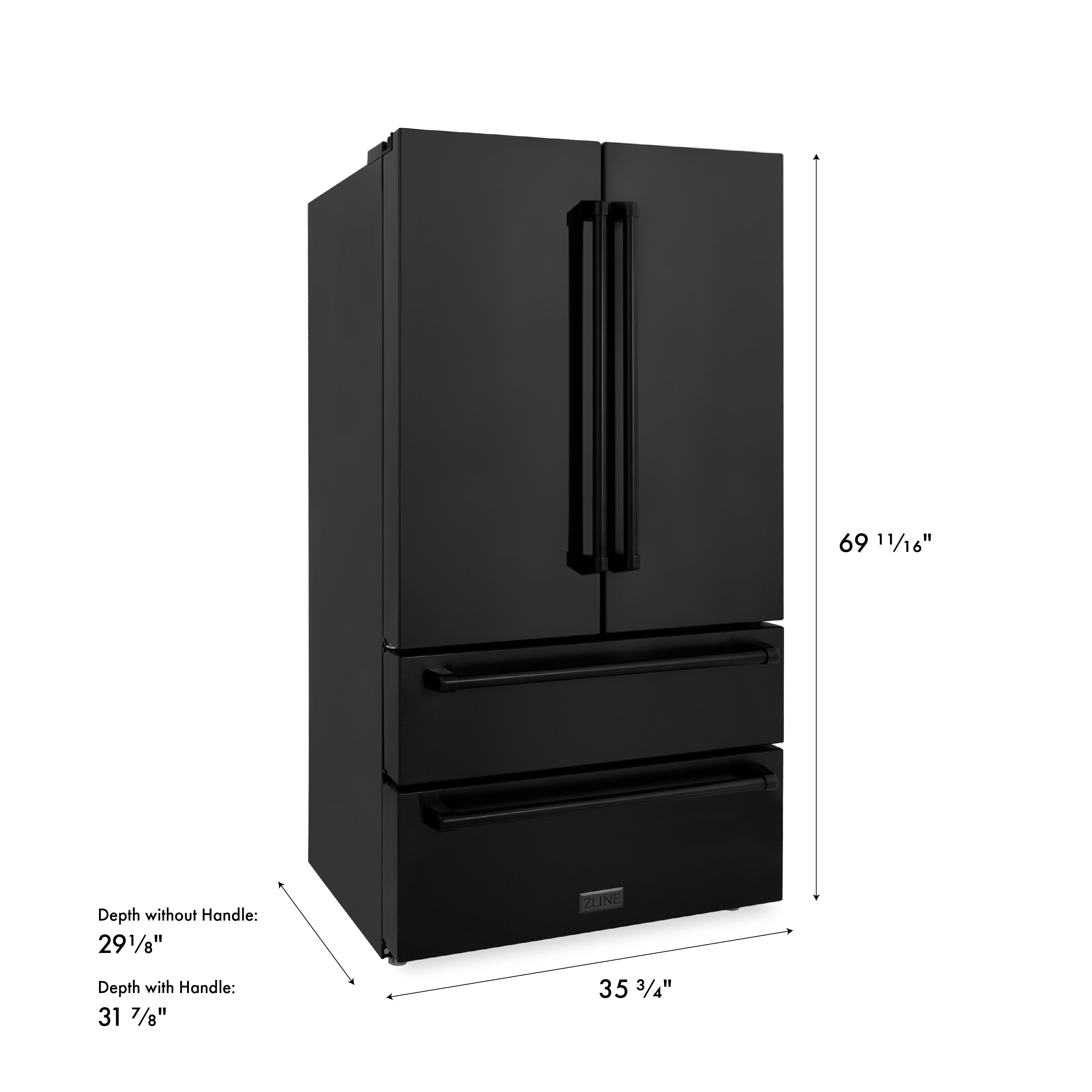 ZLINE 36 in. 22.5 cu. ft. Counter-Depth French Door Refrigerator with Ice Maker in Fingerprint-Resistant Black Stainless Steel (RFM-36-BS)