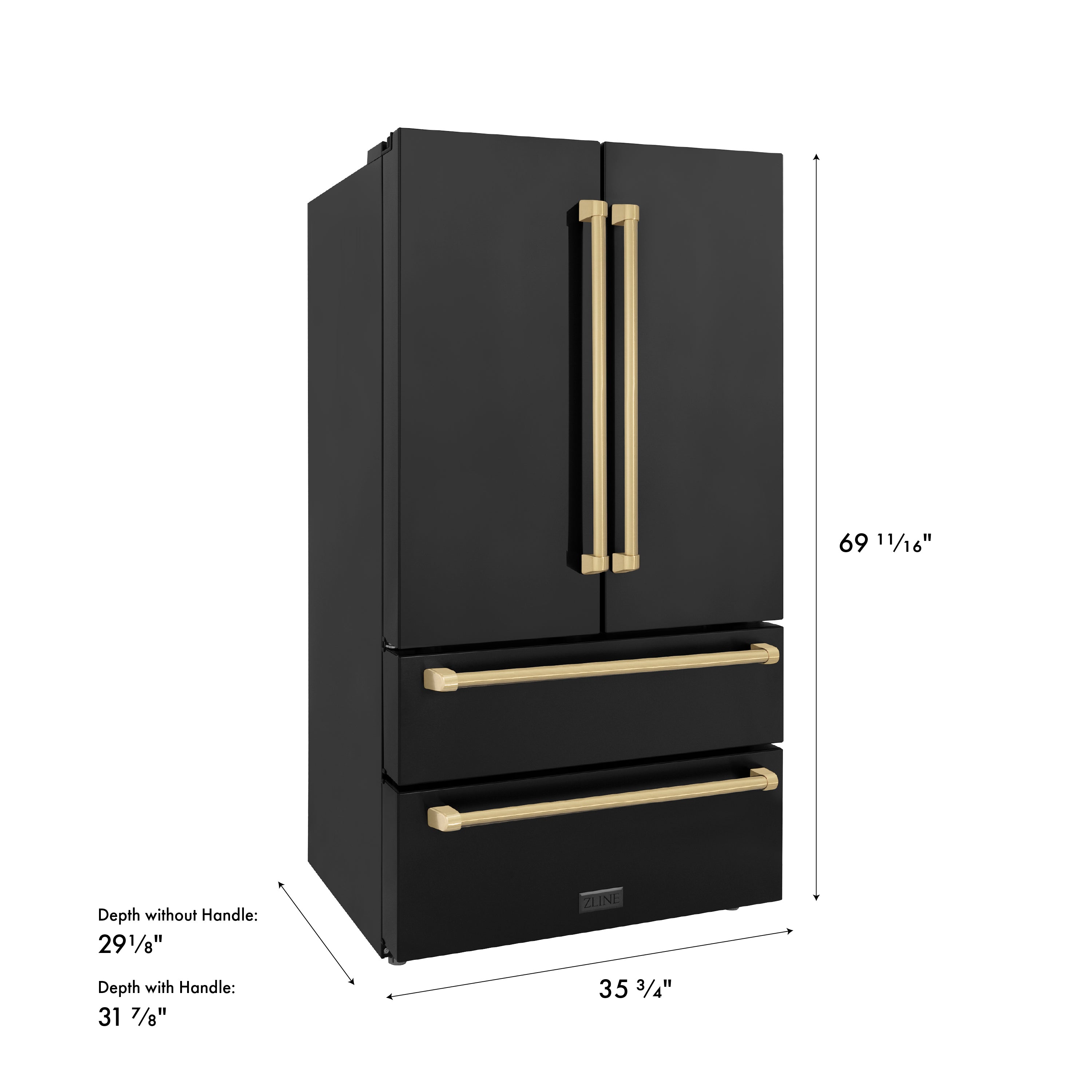 ZLINE Autograph Edition 36 in. 22.5 cu. ft. Counter-Depth French Door Refrigerator with Ice Maker in Fingerprint-Resistant Black Stainless Steel and Champagne Bronze Traditional Handles (RFMZ-36-BS-CB)